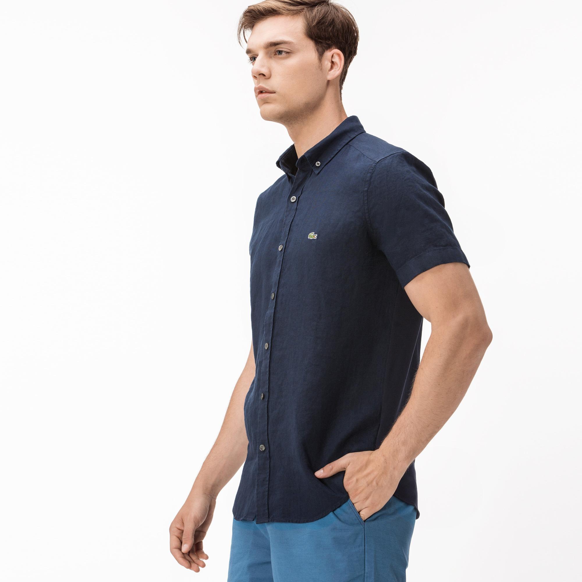 фото Мужская льняная рубашка lacoste slim fit