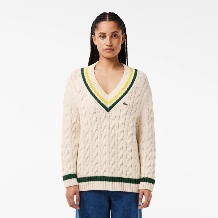 Женский вязаный свитер Lacoste c V-образным вырезом Женский вязаный свитер Lacoste c V-образным вырезом