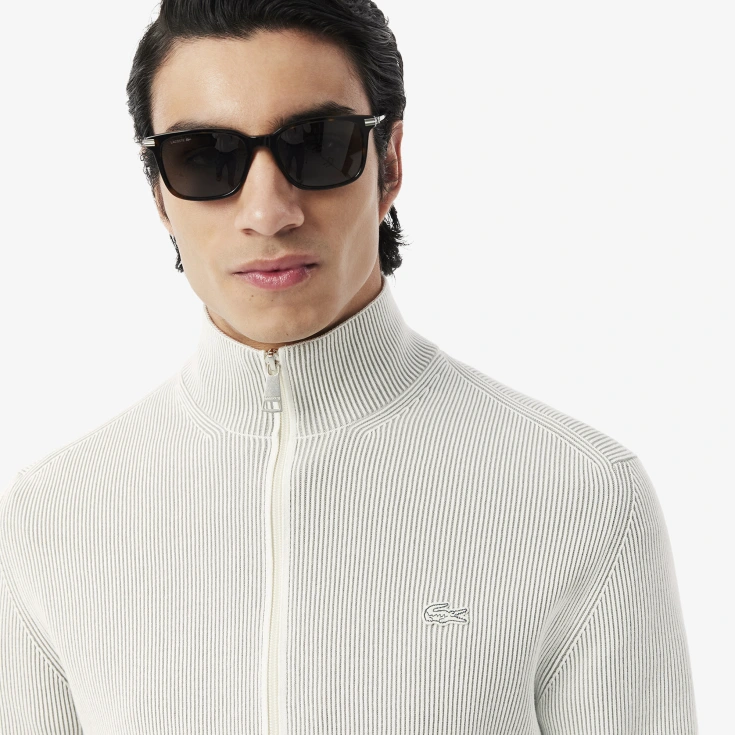 Мужской ребристый свитер на застежке Lacoste с высоким воротником Мужской ребристый свитер на застежке Lacoste с высоким воротником