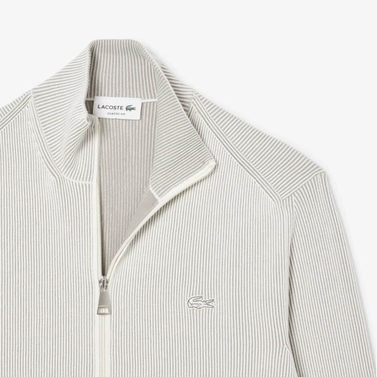 Мужской ребристый свитер на застежке Lacoste с высоким воротником Мужской ребристый свитер на застежке Lacoste с высоким воротником