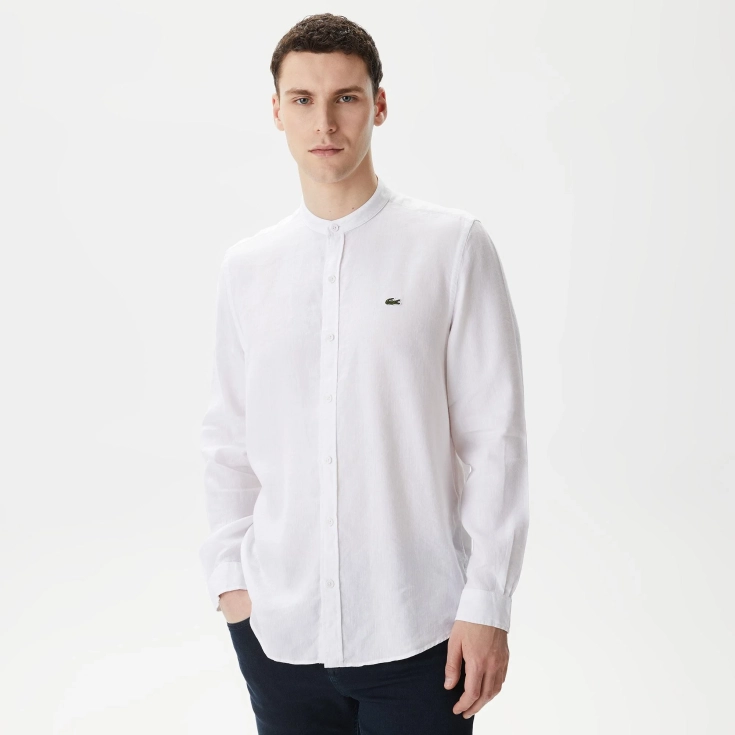 Мужская рубашка Lacoste без ворота в полоску из смеси льна Мужская рубашка Lacoste без ворота в полоску из смеси льна