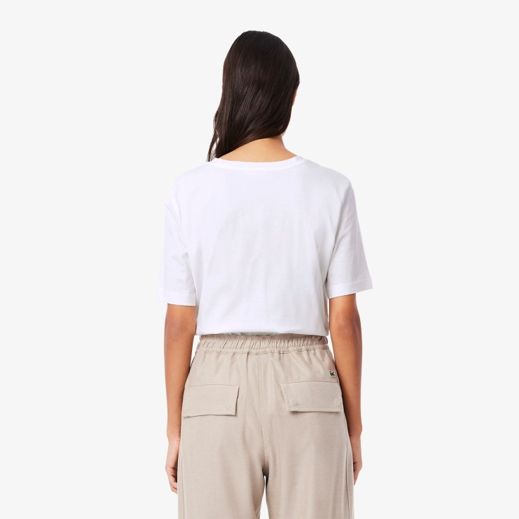 Женская футболка Lacoste Loose Fit из мягкого хлопка с V-образным вырезом Женская футболка Lacoste Loose Fit из мягкого хлопка с V-образным вырезом