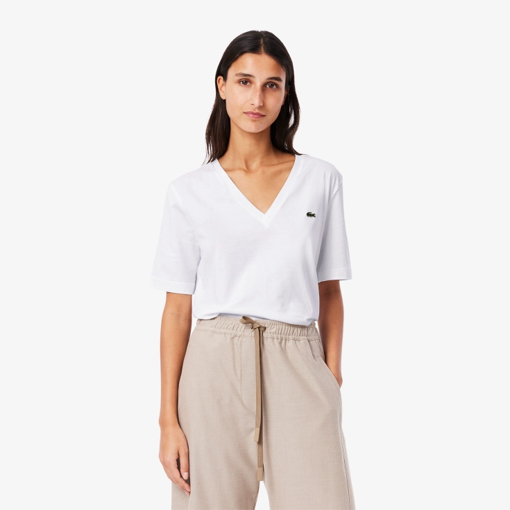 Женская футболка Lacoste Loose Fit из мягкого хлопка с V-образным вырезом Женская футболка Lacoste Loose Fit из мягкого хлопка с V-образным вырезом