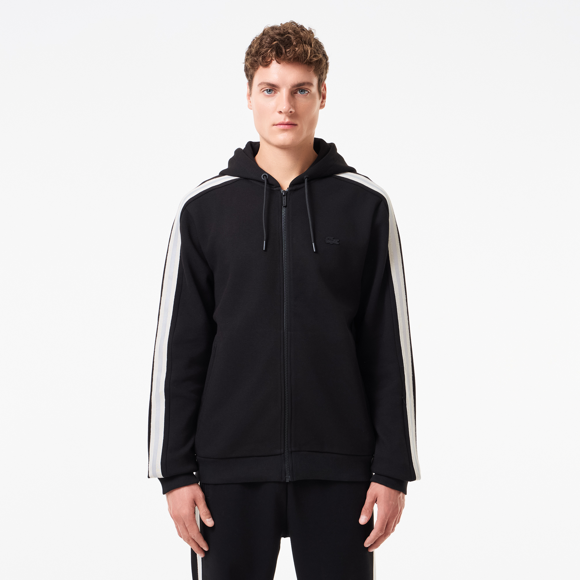 Мужская толстовка Lacoste на молнии с капюшоном и лампасами, черный, арт. SH2509R