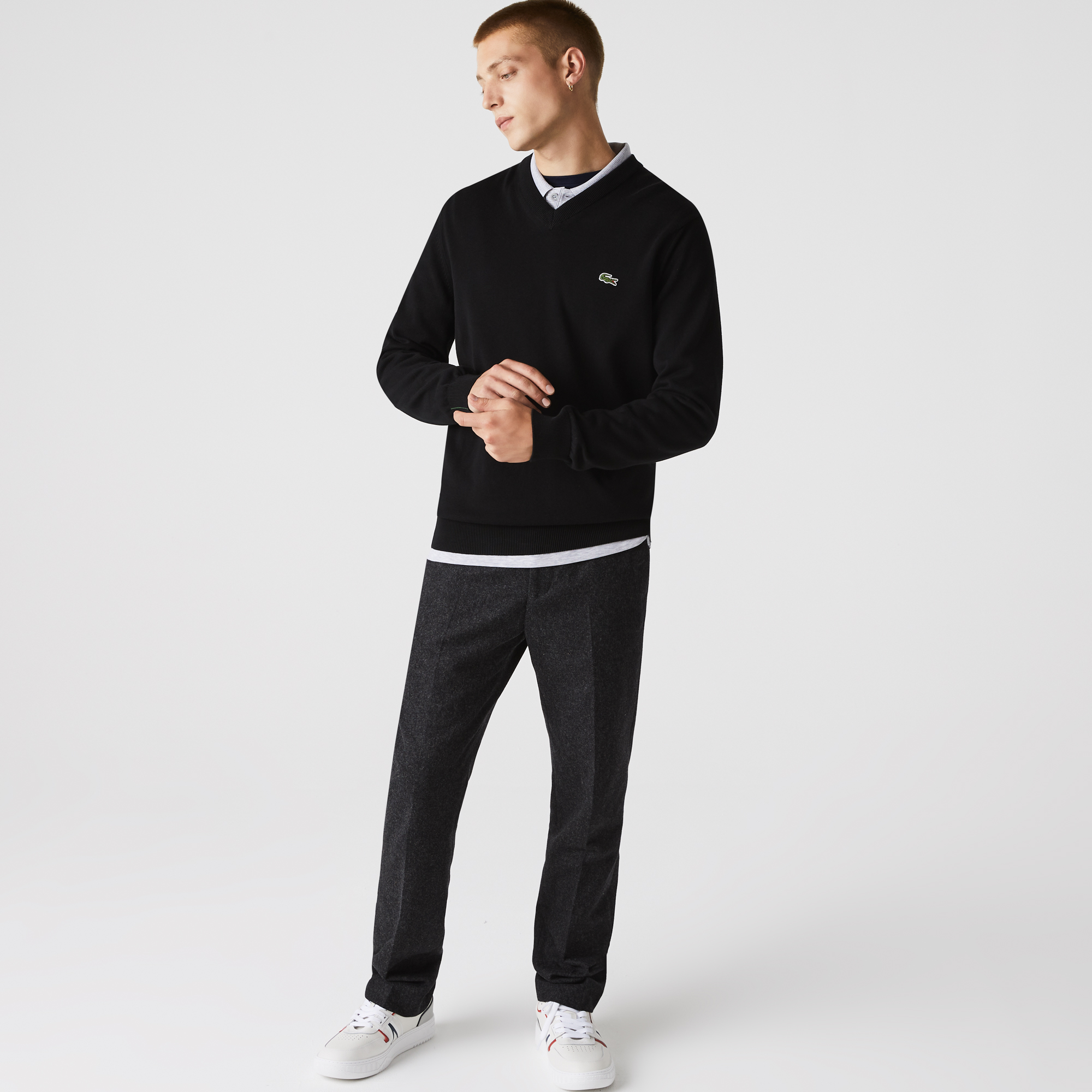 Мужской хлопковой свитер Lacoste с V-образным вырезом