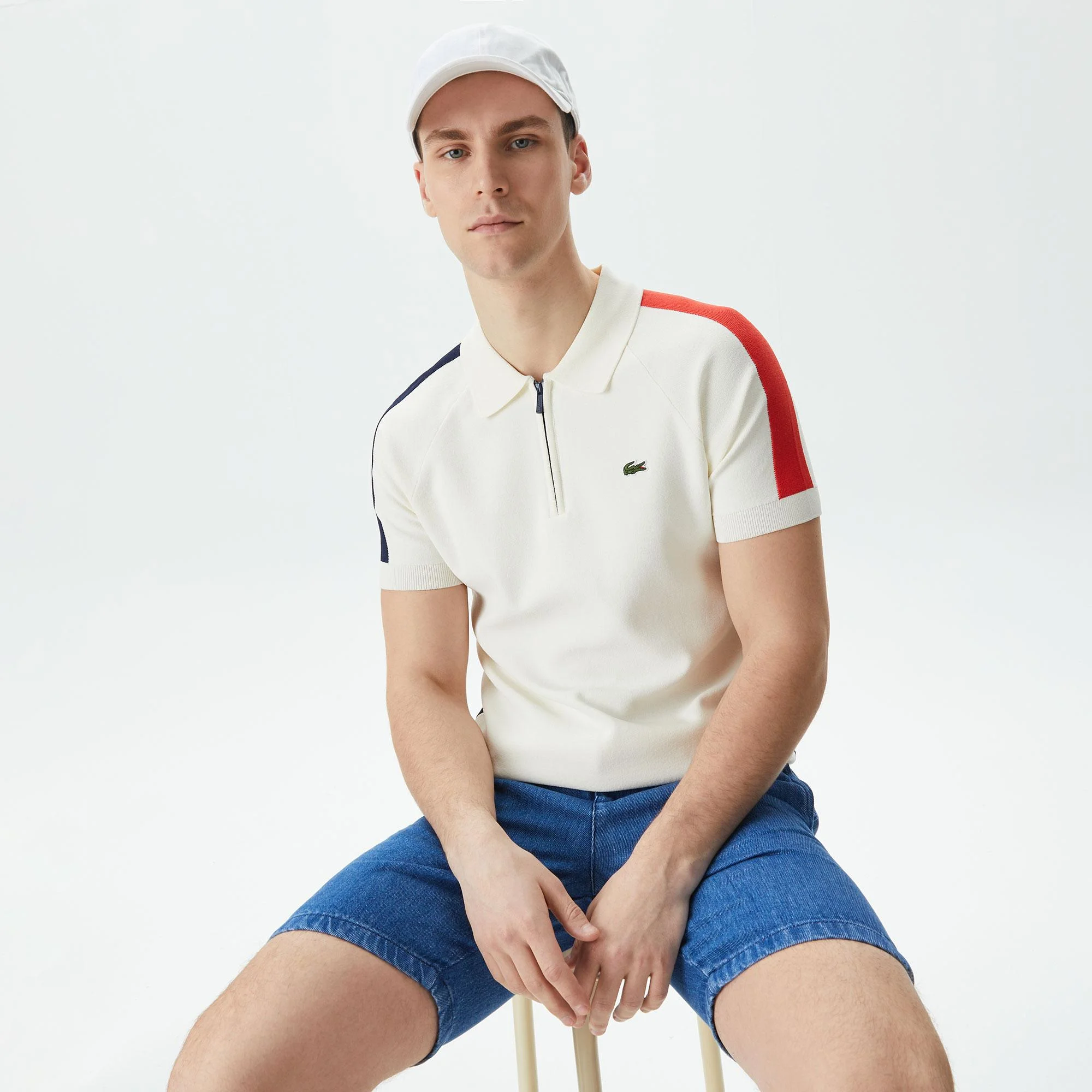 Мужское трикотажное поло Lacoste на молнии, белый, арт. AH0403