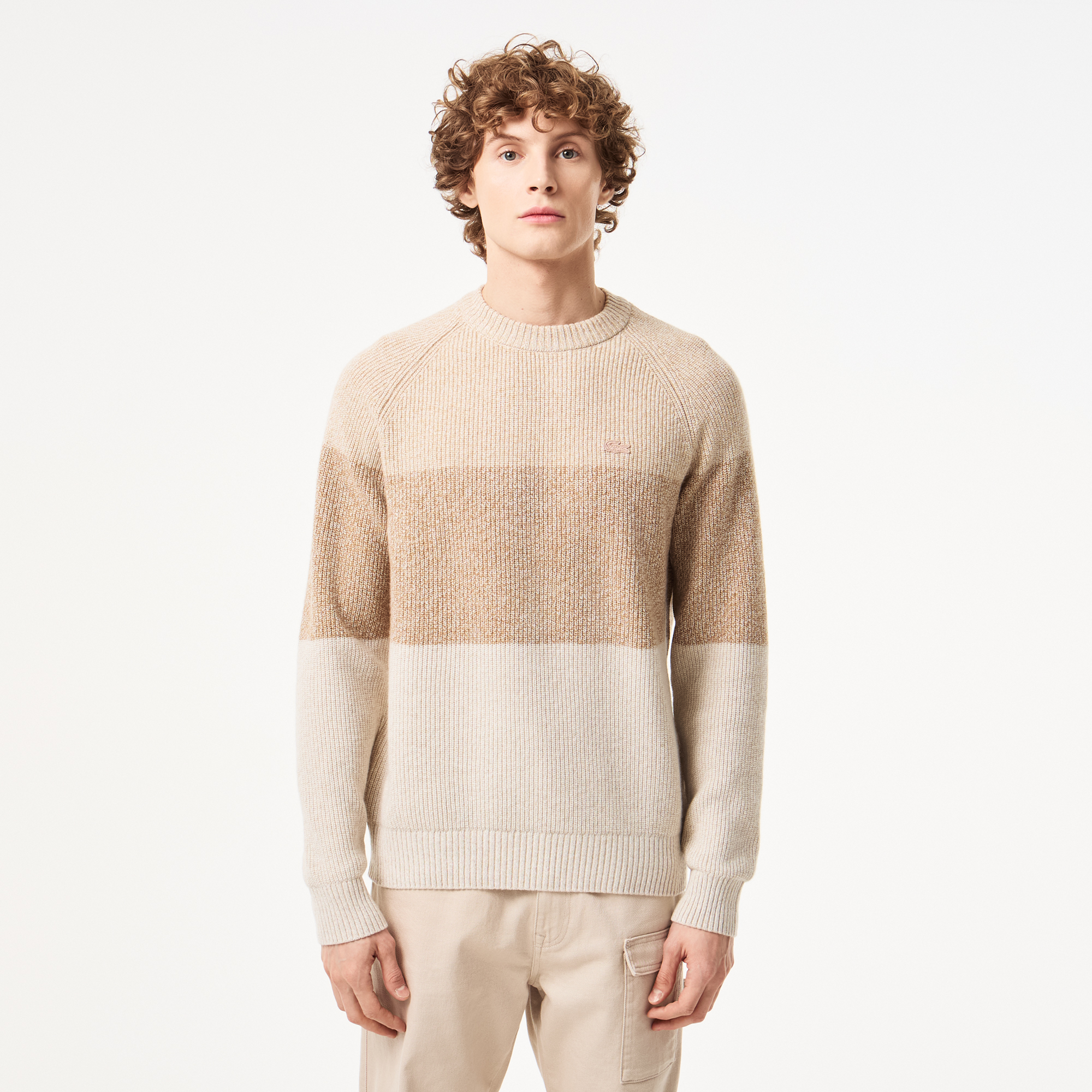 Мужской шерстяной свитер Lacoste в полоску, бежевый, арт. AH2519