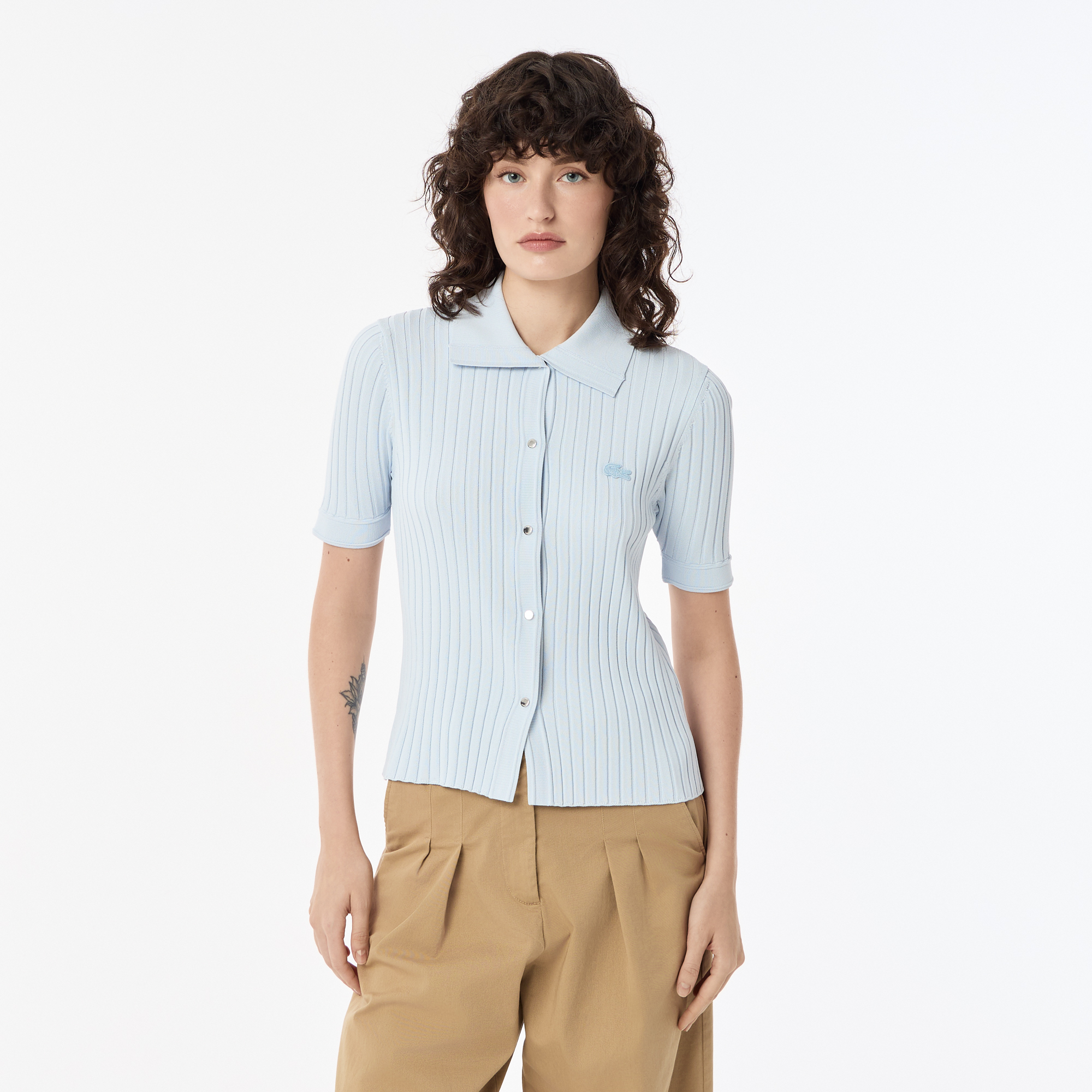 Женский лёгкий свитер Lacoste с коротким рукавом и воротником-поло, голубой, арт. AF0505