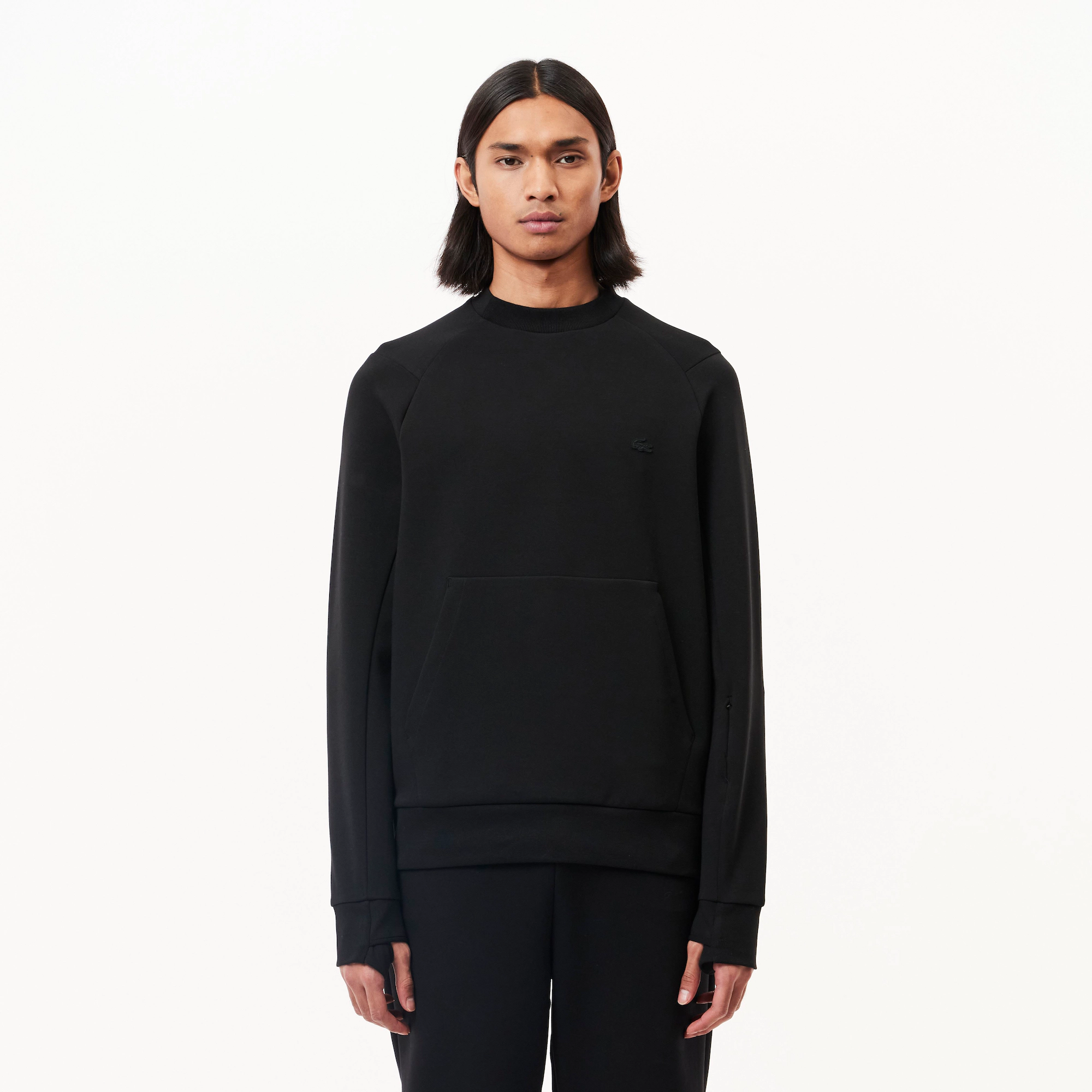 Мужской свитшот Lacoste Crew Neck с карманом-кенгуру, черный, арт. SH2695