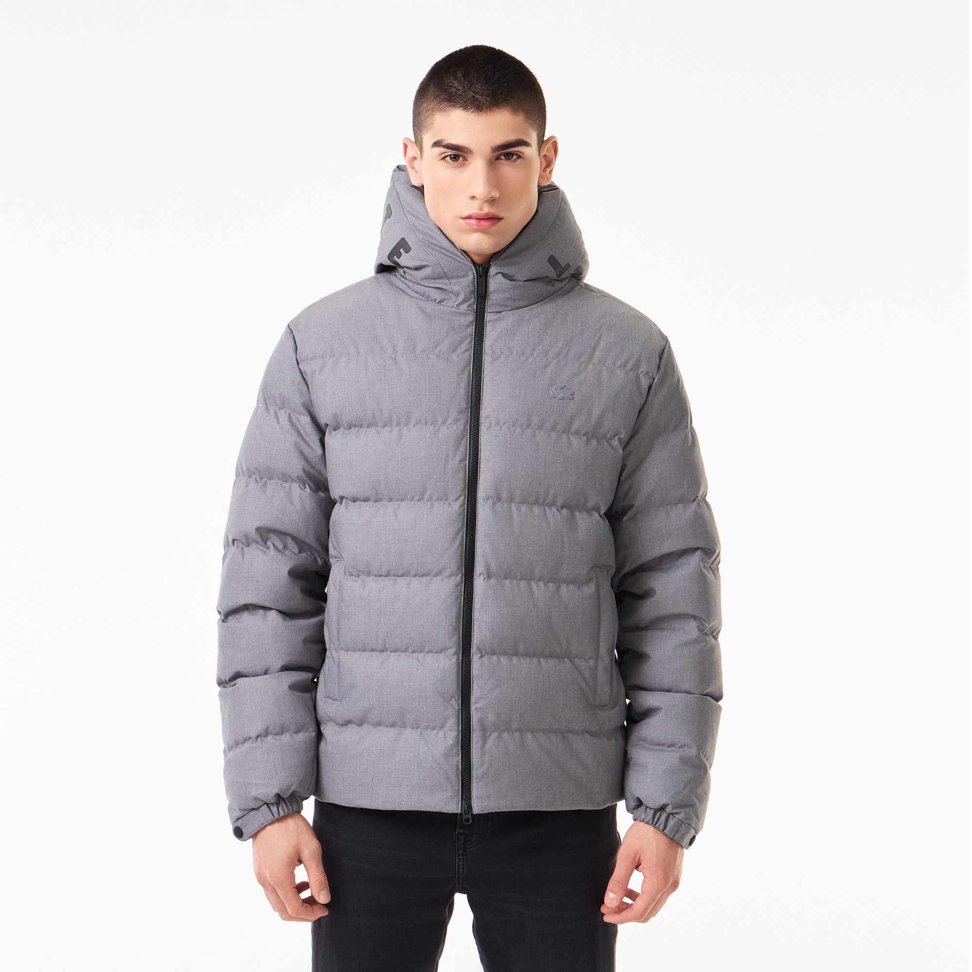 Мужской стёганый пуховик Lacoste с капюшоном, серый, арт. BH2527