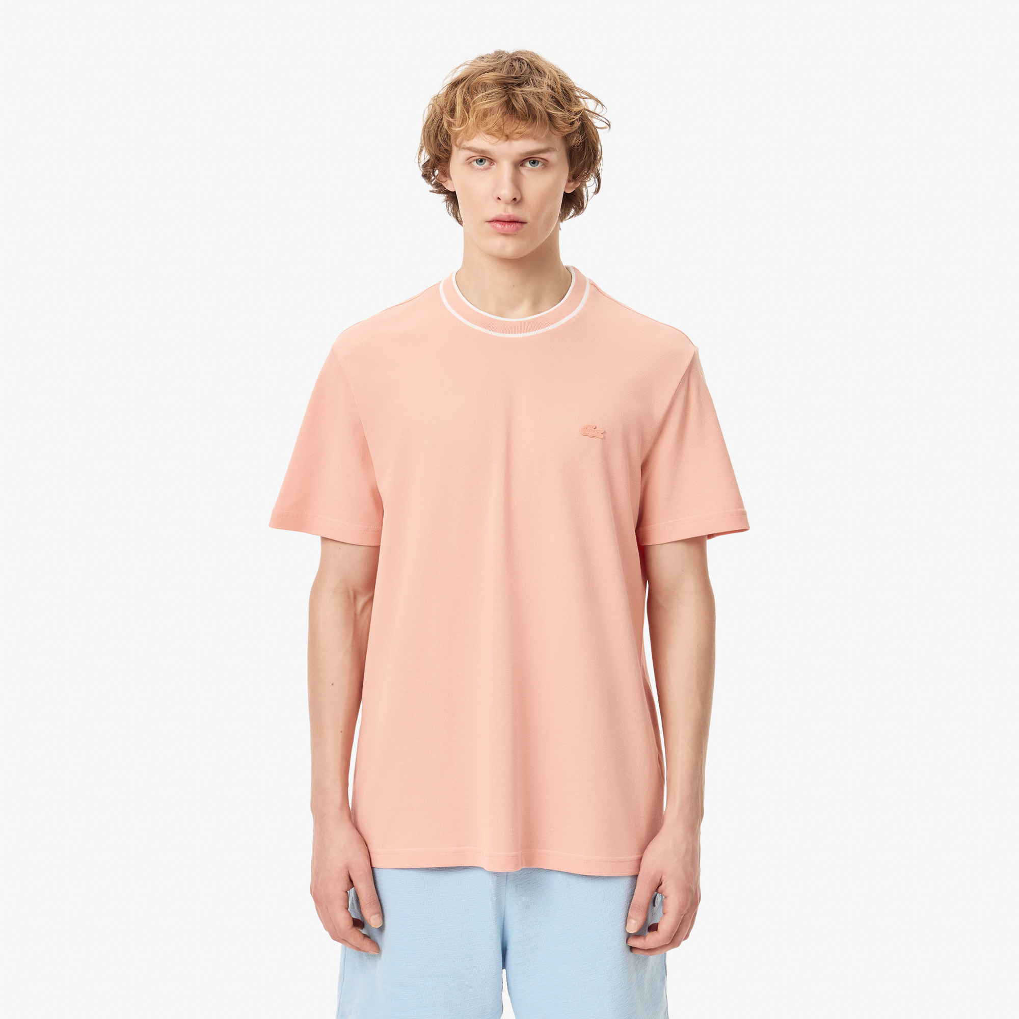 

Мужская футболка Lacoste с воротником в полоску из эластичного хлопка, Розовый