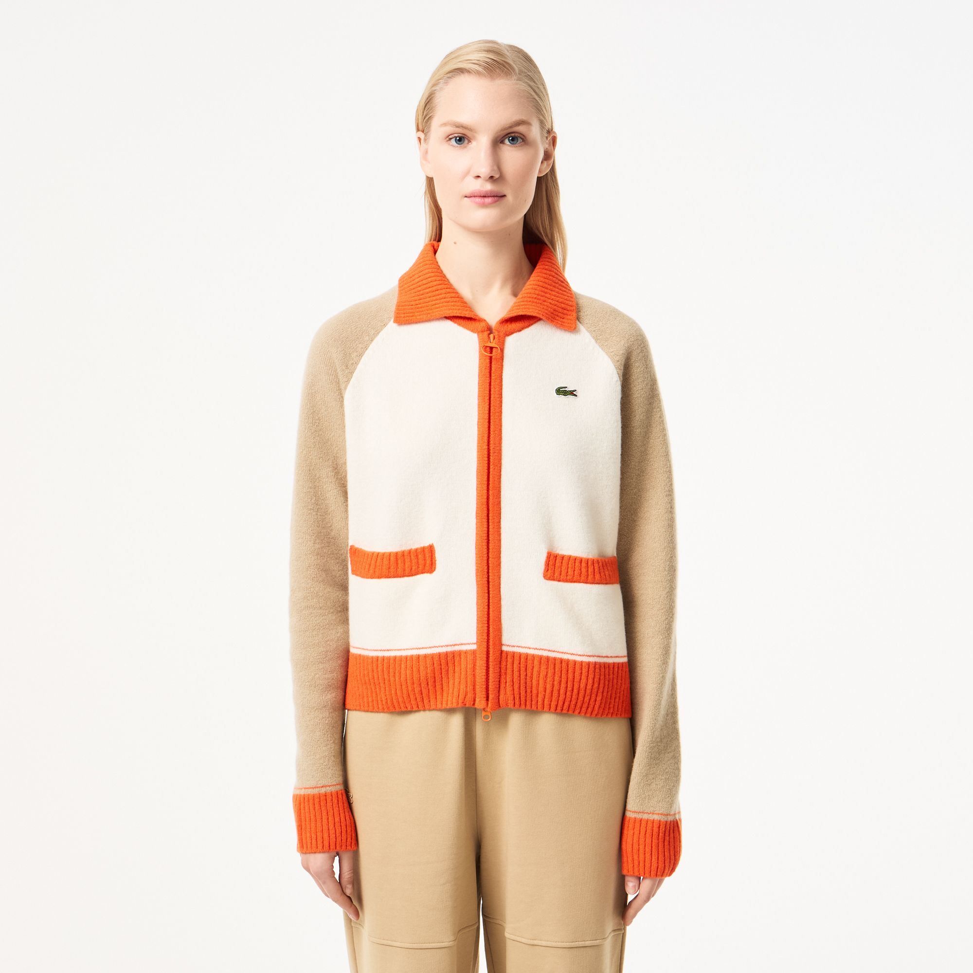 

Женский шерстяной свитер Lacoste на молнии с карманами и воротником поло, Белый