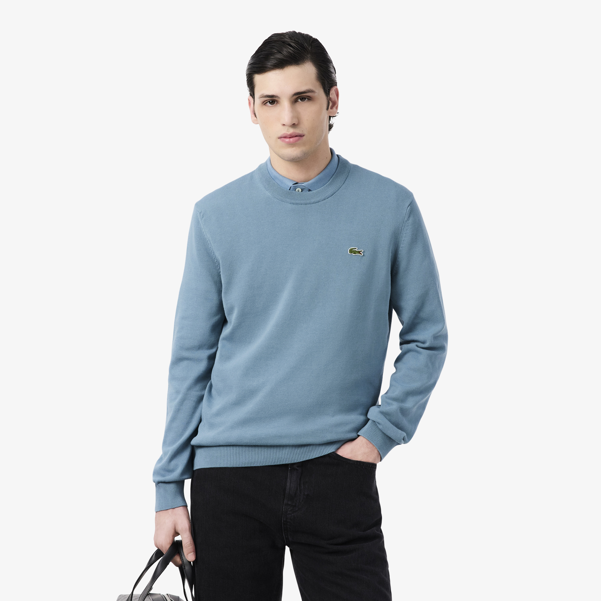 Однотонный хлопковый свитер Lacoste с круглым вырезом