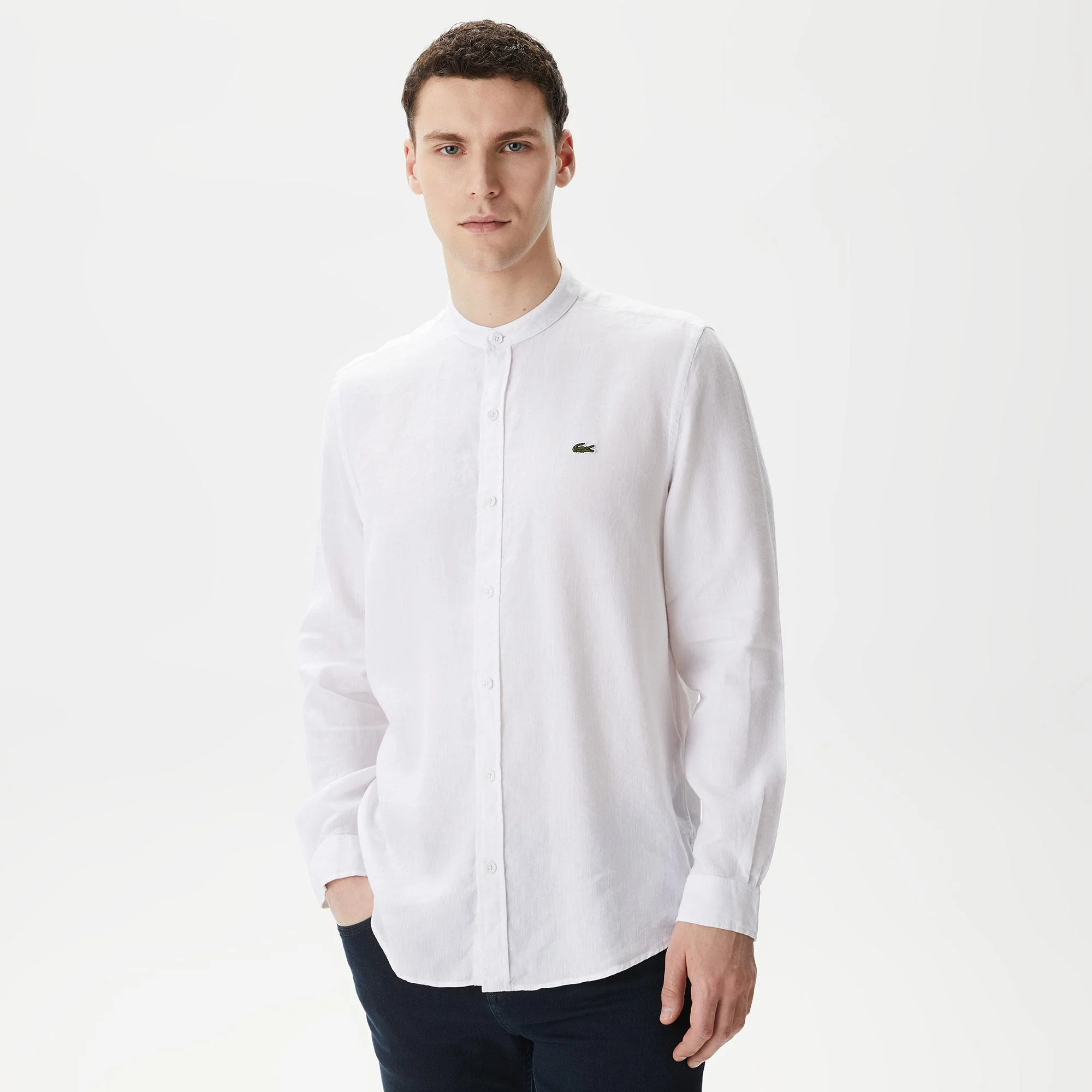 Мужская рубашка Lacoste без ворота в полоску из смеси льна, белый, арт. CH0491