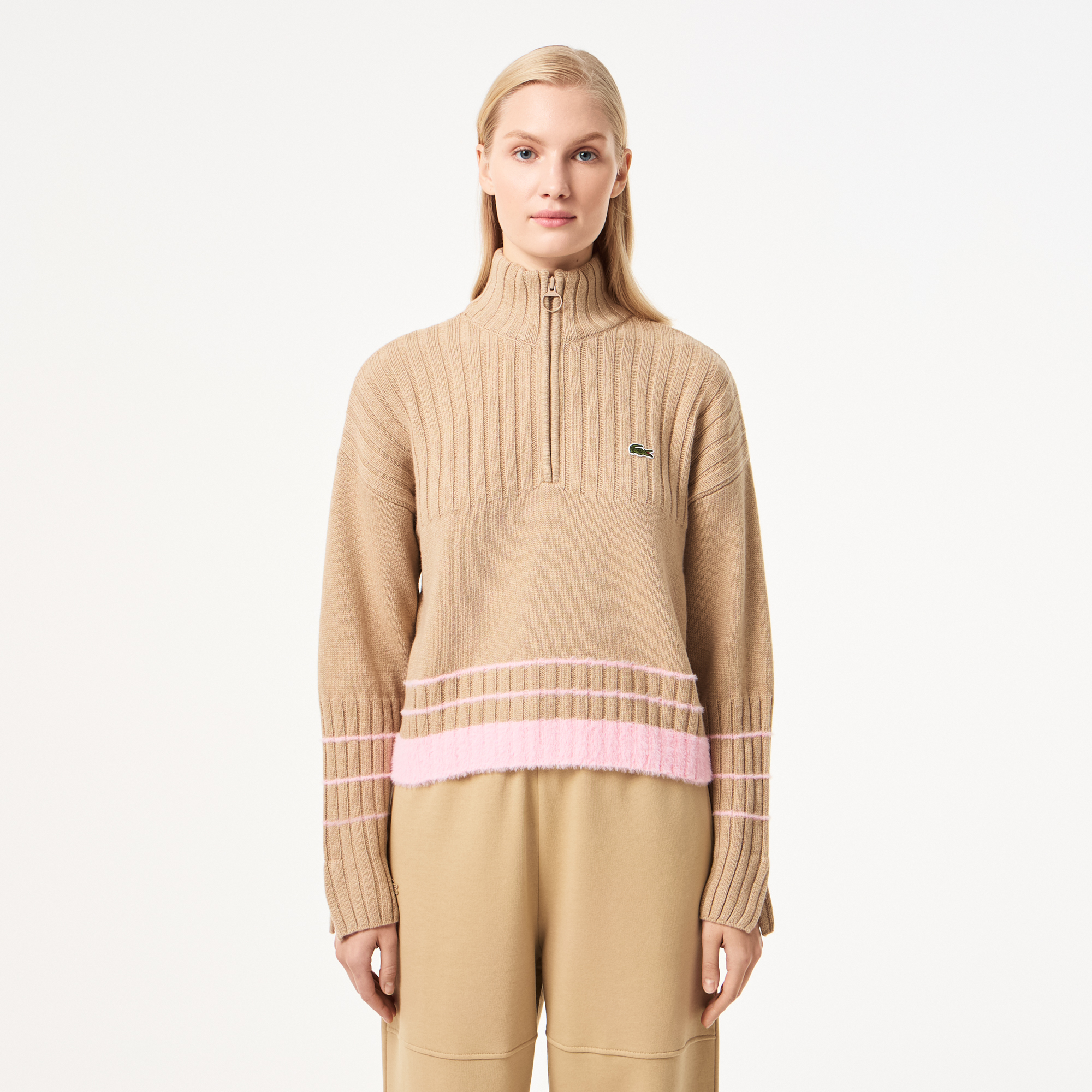 Женский короткий свитер Lacoste на молнии, бежевый, арт. AF2517