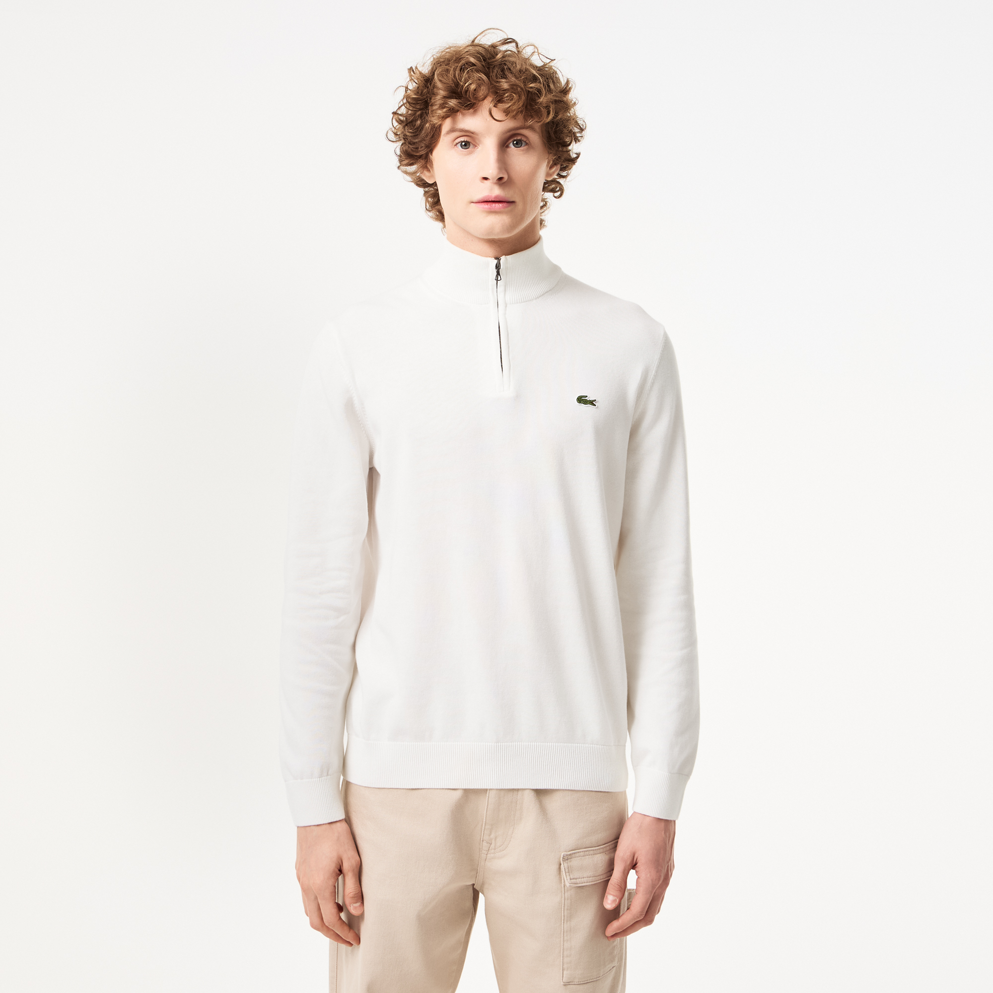 Мужской хлопковый свитер Lacoste на молнии с высоким воротом, белый, арт. AH1980