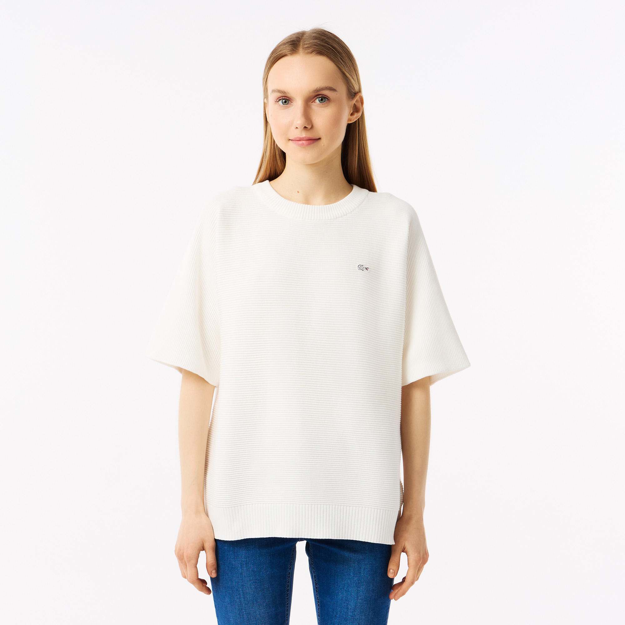 

Женский вязаная футболка Lacoste оверсайз с коротким рукавом, Белый