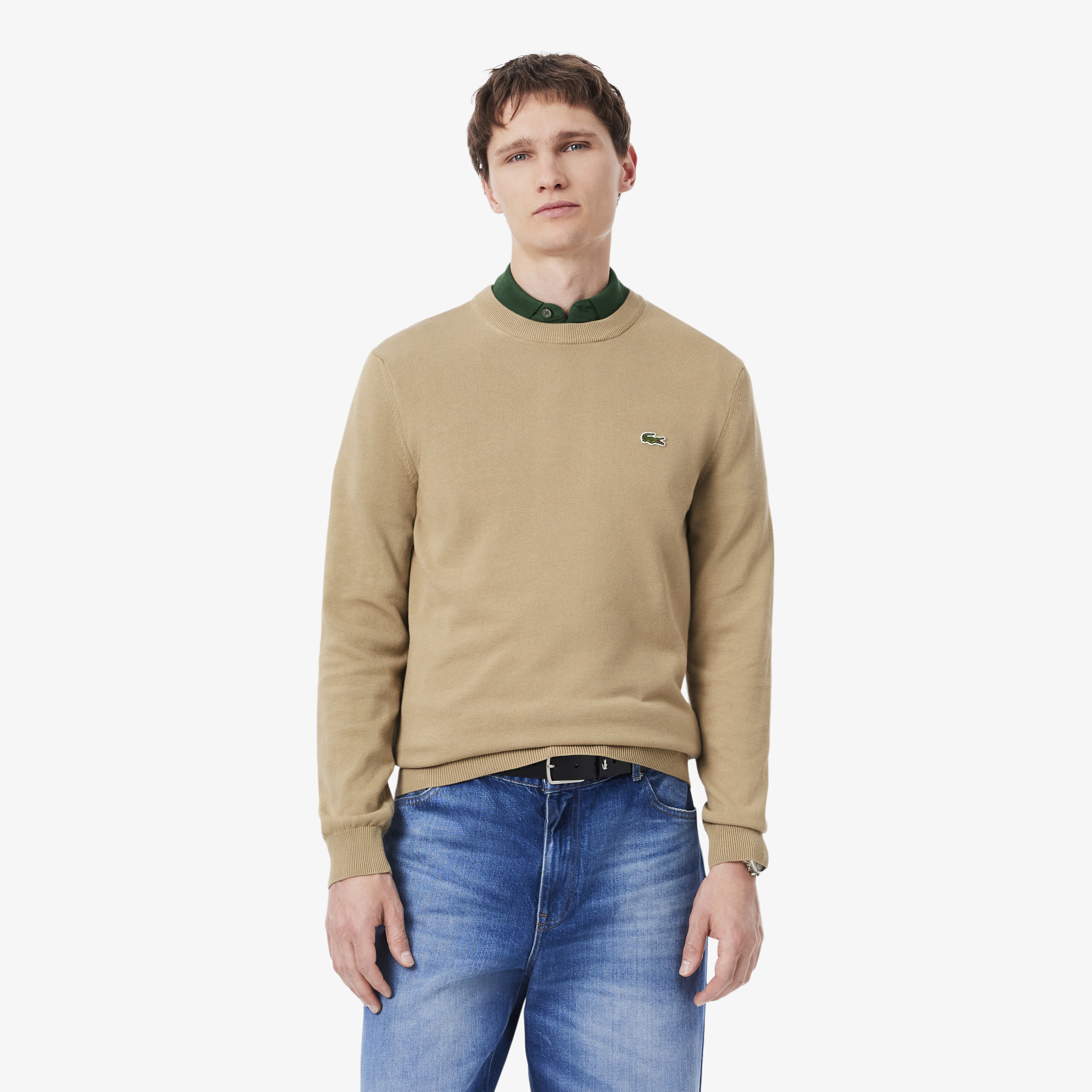 Однотонный хлопковый свитер Lacoste с круглым вырезом