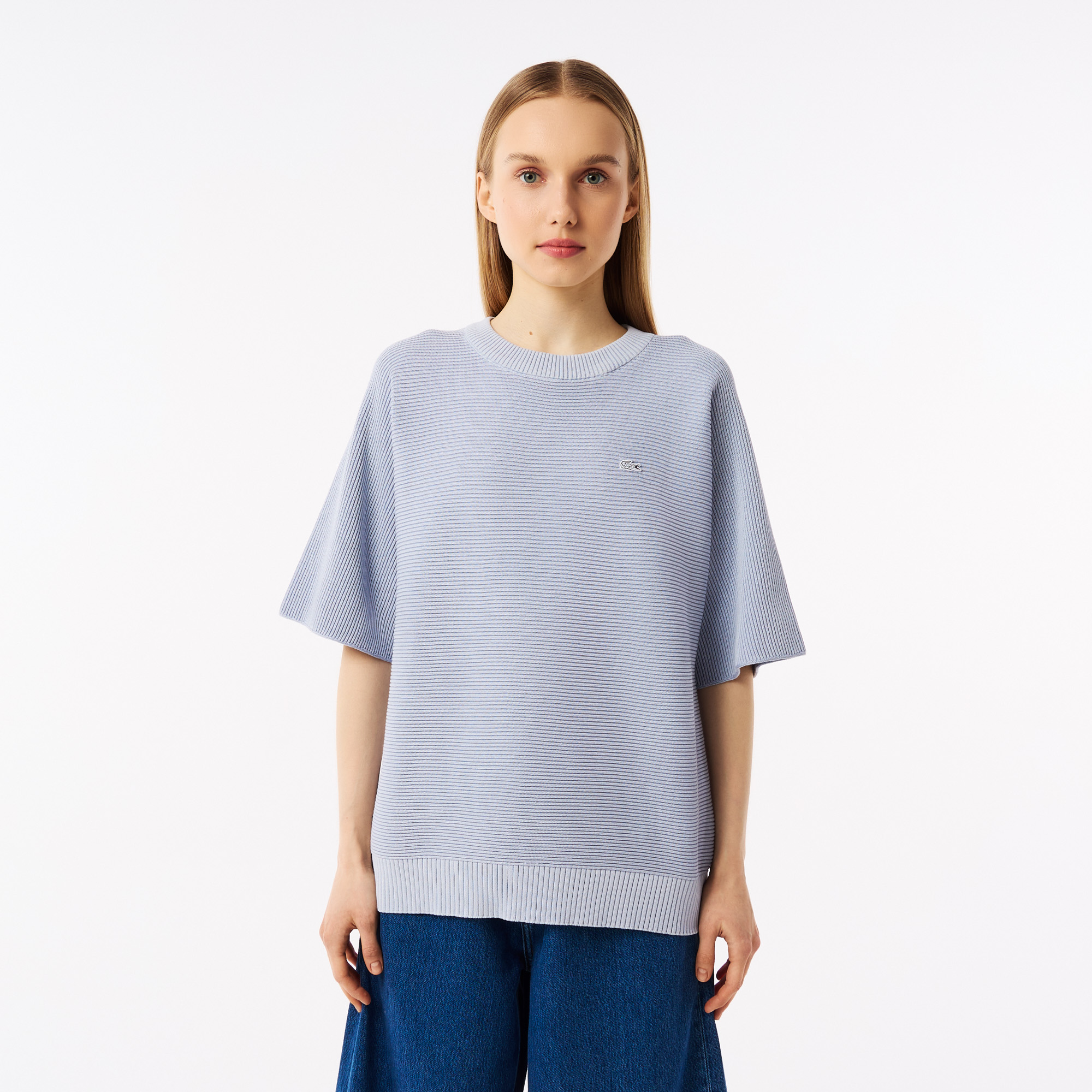 

Женский вязаная футболка Lacoste оверсайз с коротким рукавом, Голубой