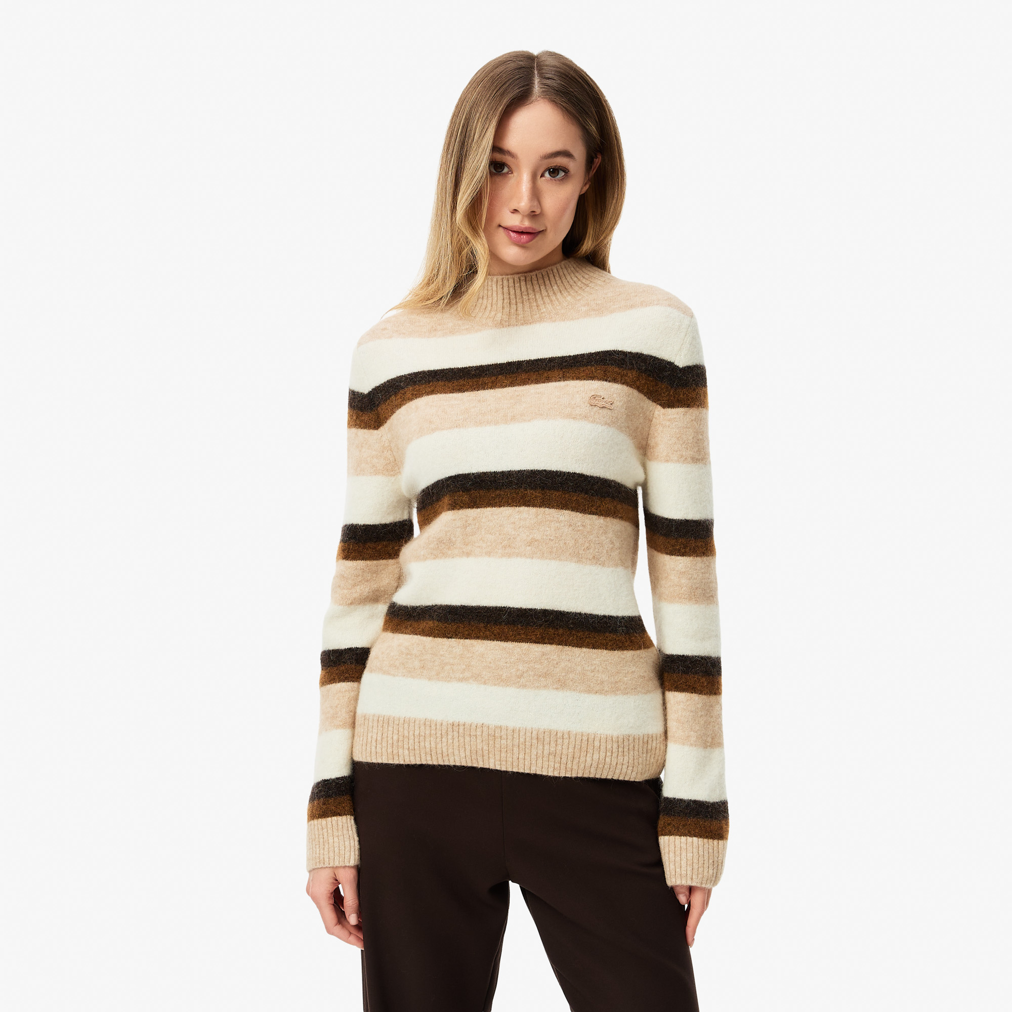 

Женский свитер Lacoste в полоску с высоким воротом классического кроя, Бежевый