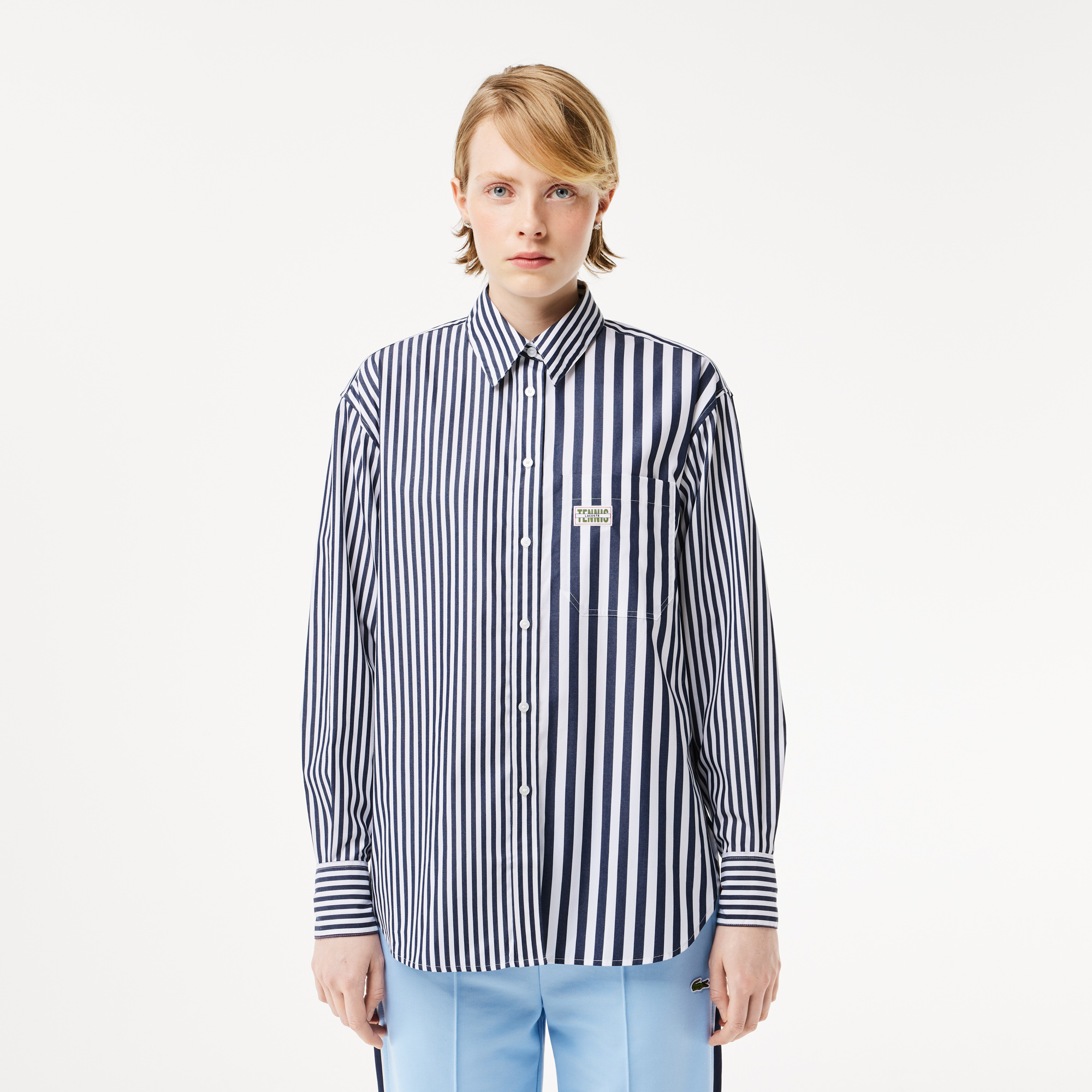 Женская рубашка Lacoste x Bandier из хлопкового поплина в полоску, синий, арт. CF0788