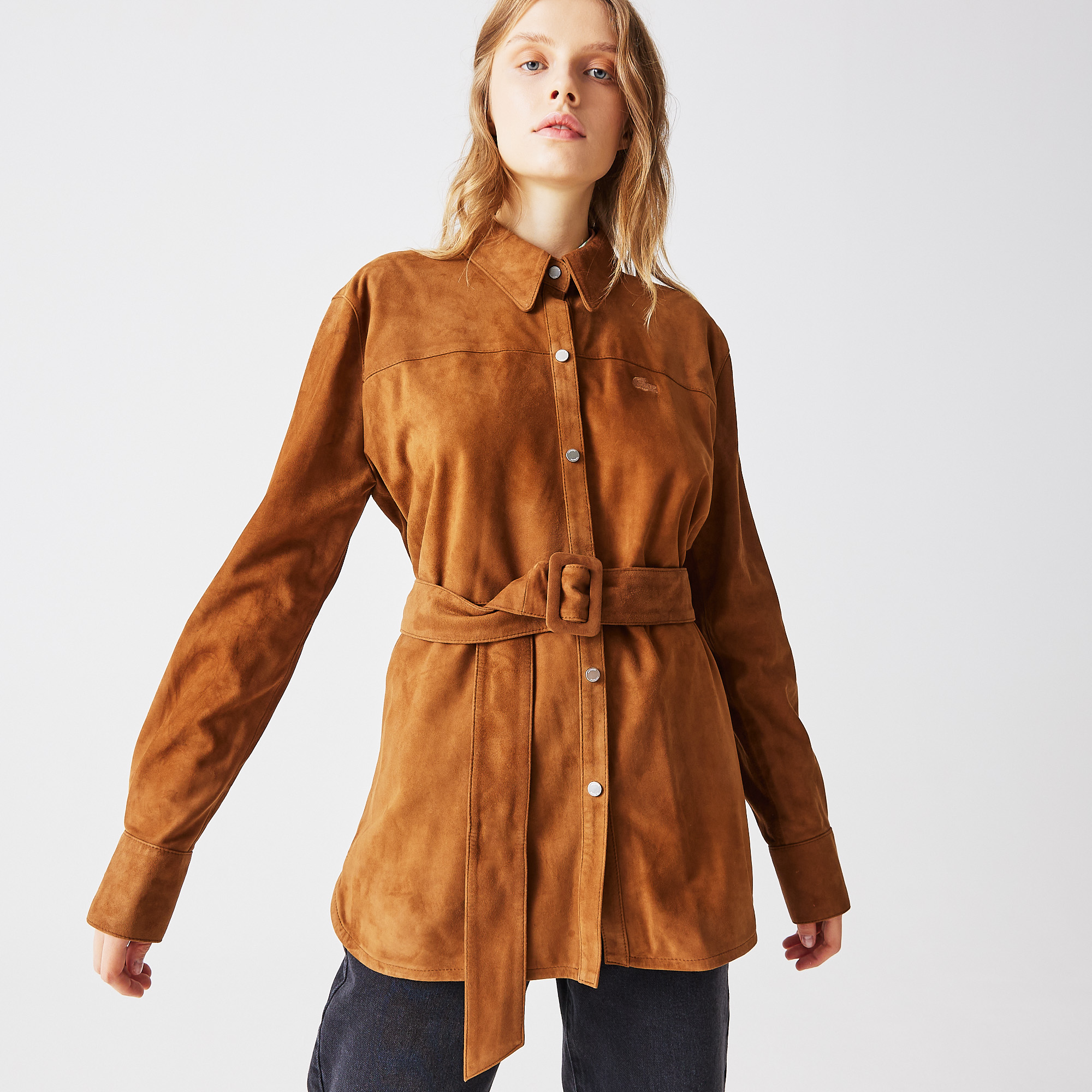 

Женское кожаное полупальто Lacoste с поясом, Коричневый