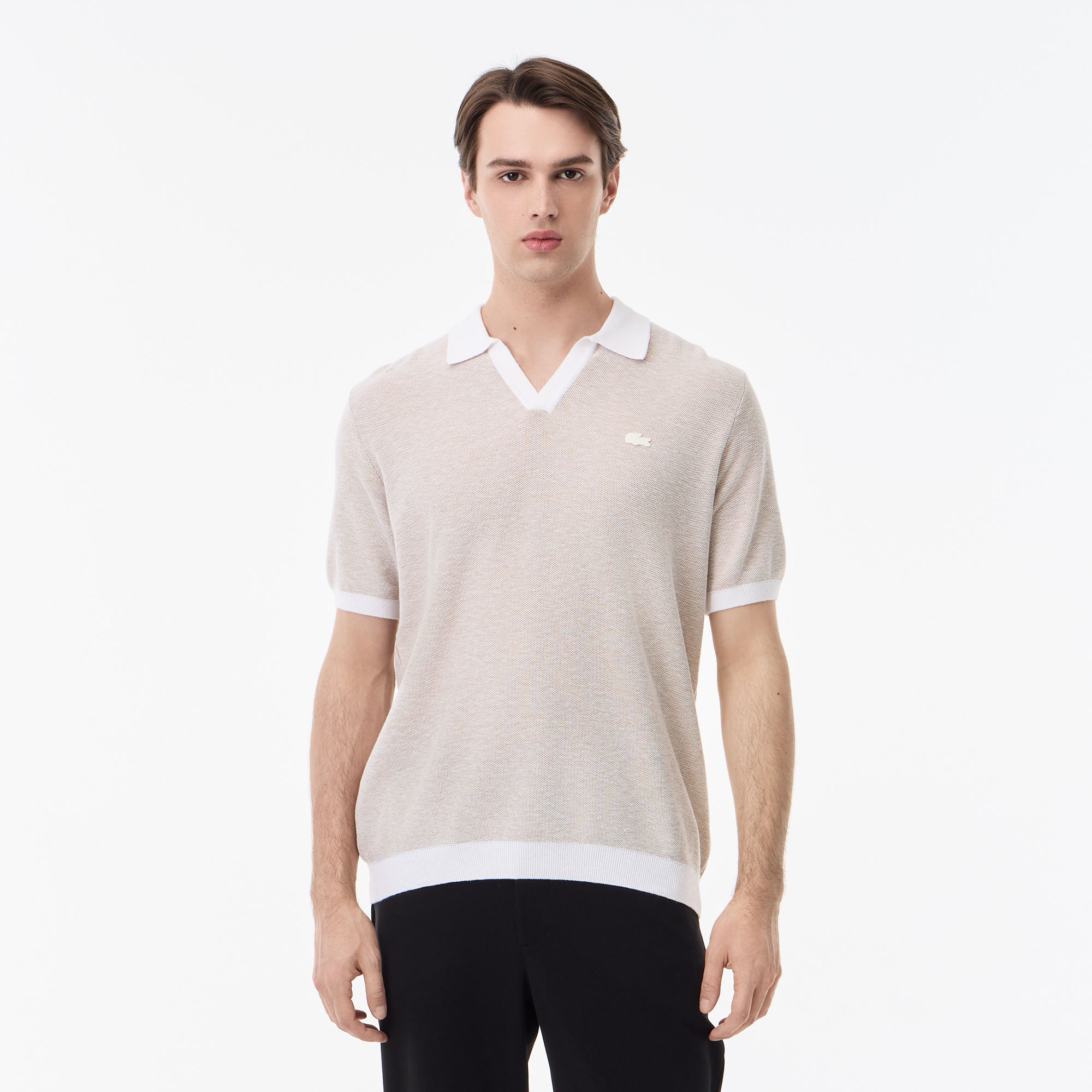 Мужское трикотажное поло Lacoste из смеси органического хлопка и льна, бежевый, арт. AH0506