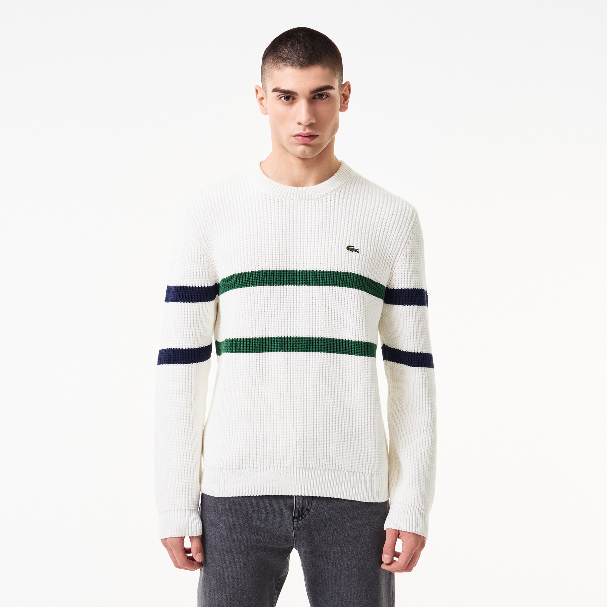 Мужской свитер Lacoste Relaxed Fit в полоску, белый, арт. AH2507