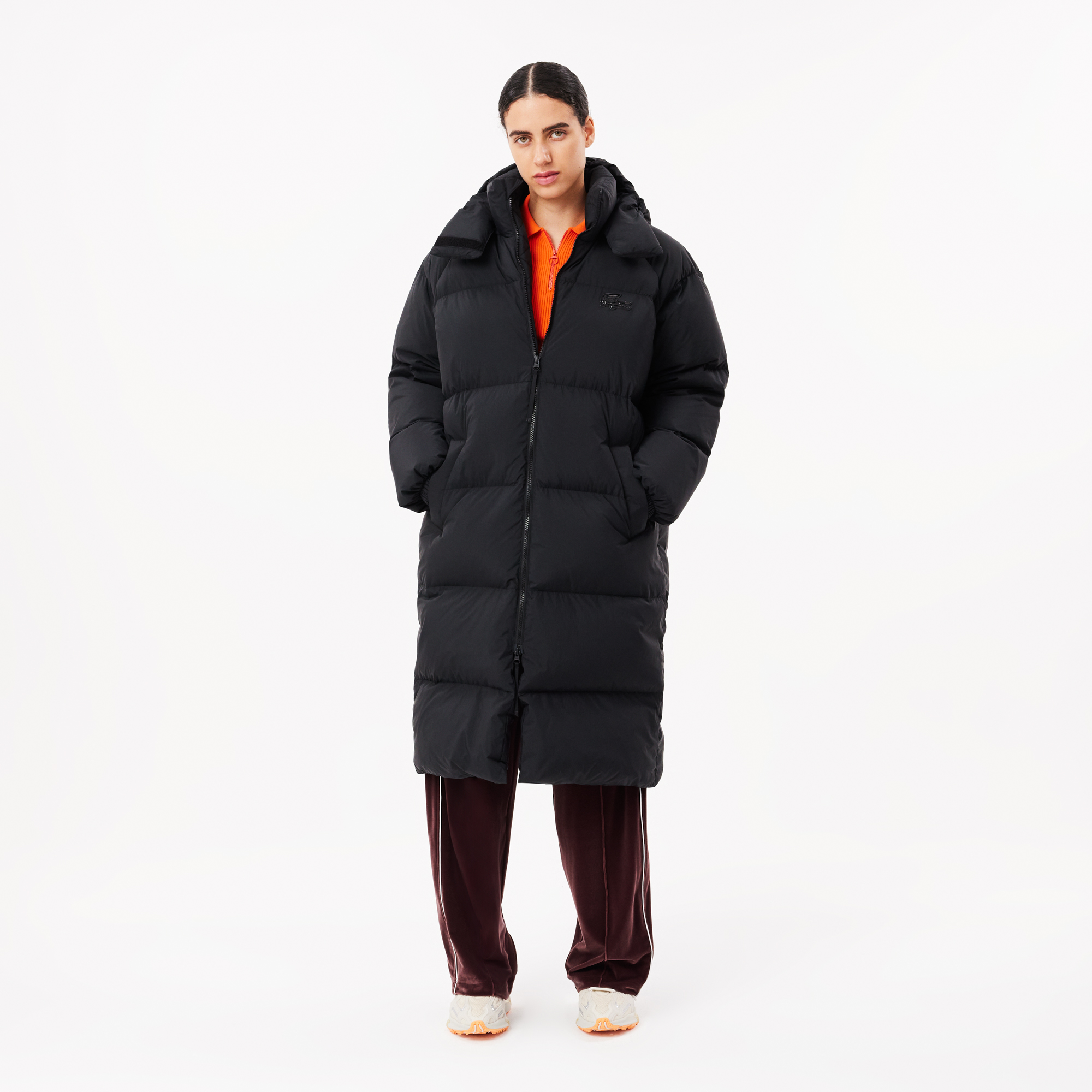 Женский длинный пуховик Lacoste с капюшоном, черный, арт. BF3522