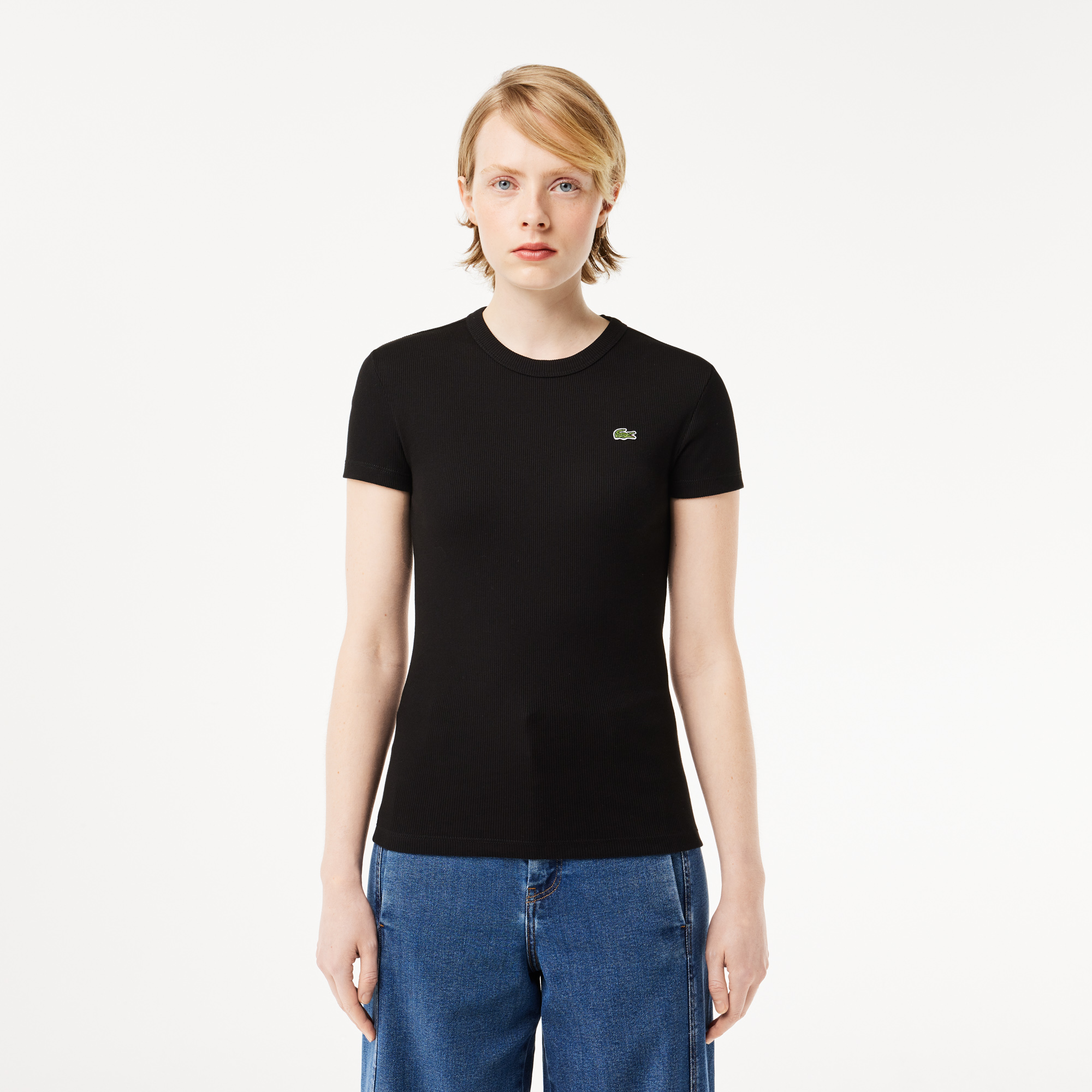 Женская футболка Lacoste Slim Fit из хлопка в рубчик, черный, арт. TF5538