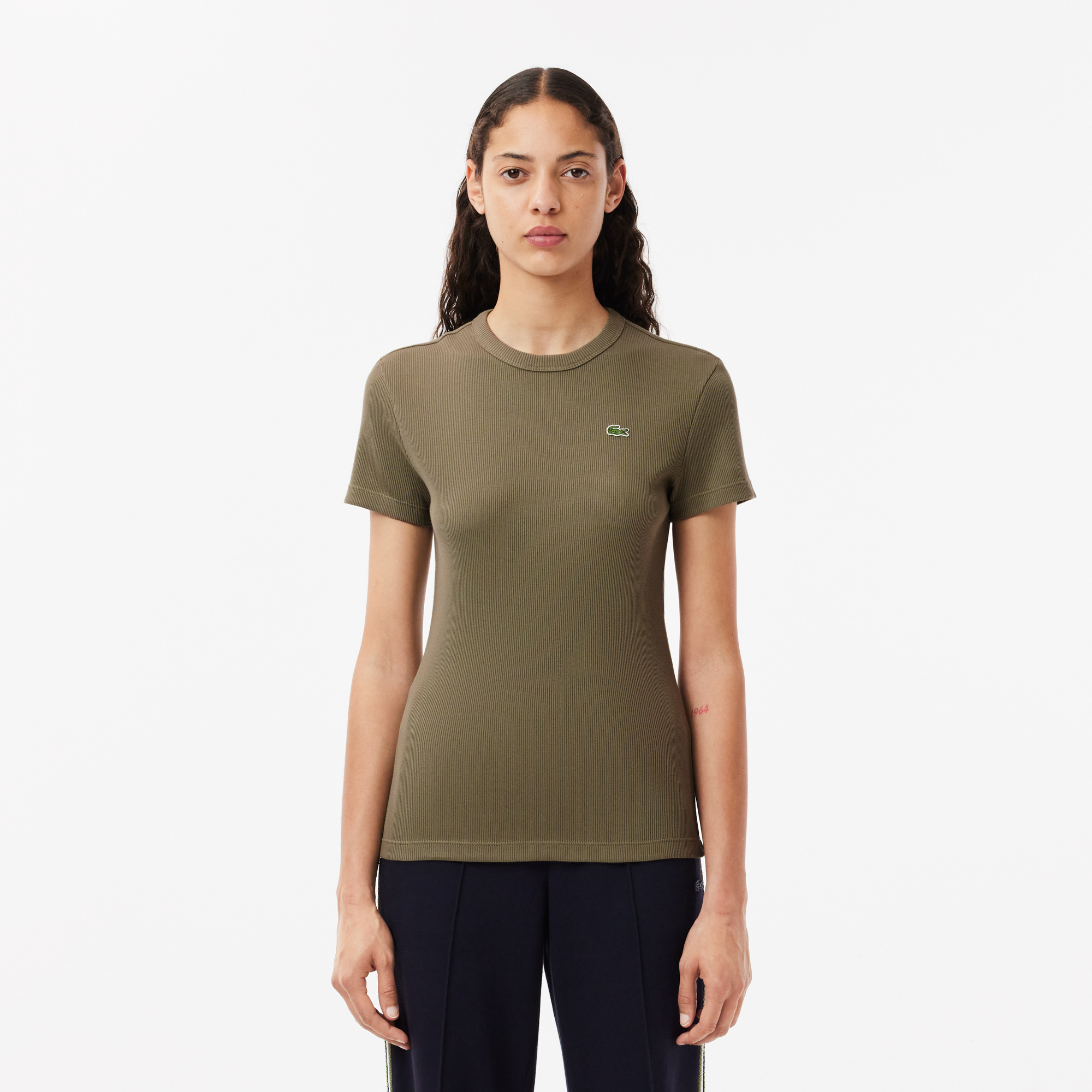 Женская футболка Lacoste Slim Fit из хлопка в рубчик, зеленый, арт. TF5538