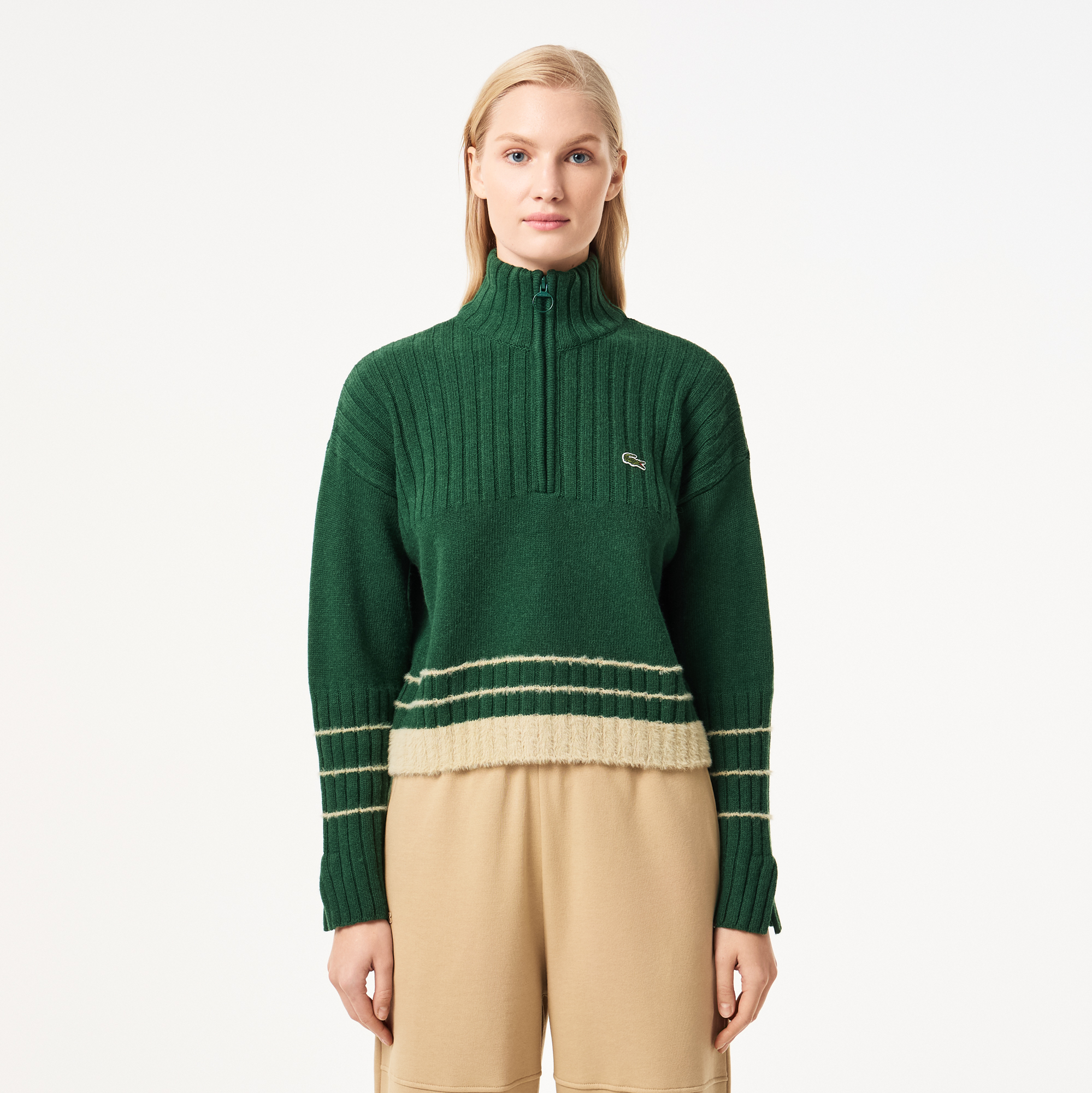 Женский короткий свитер Lacoste на молнии, зеленый, арт. AF2517