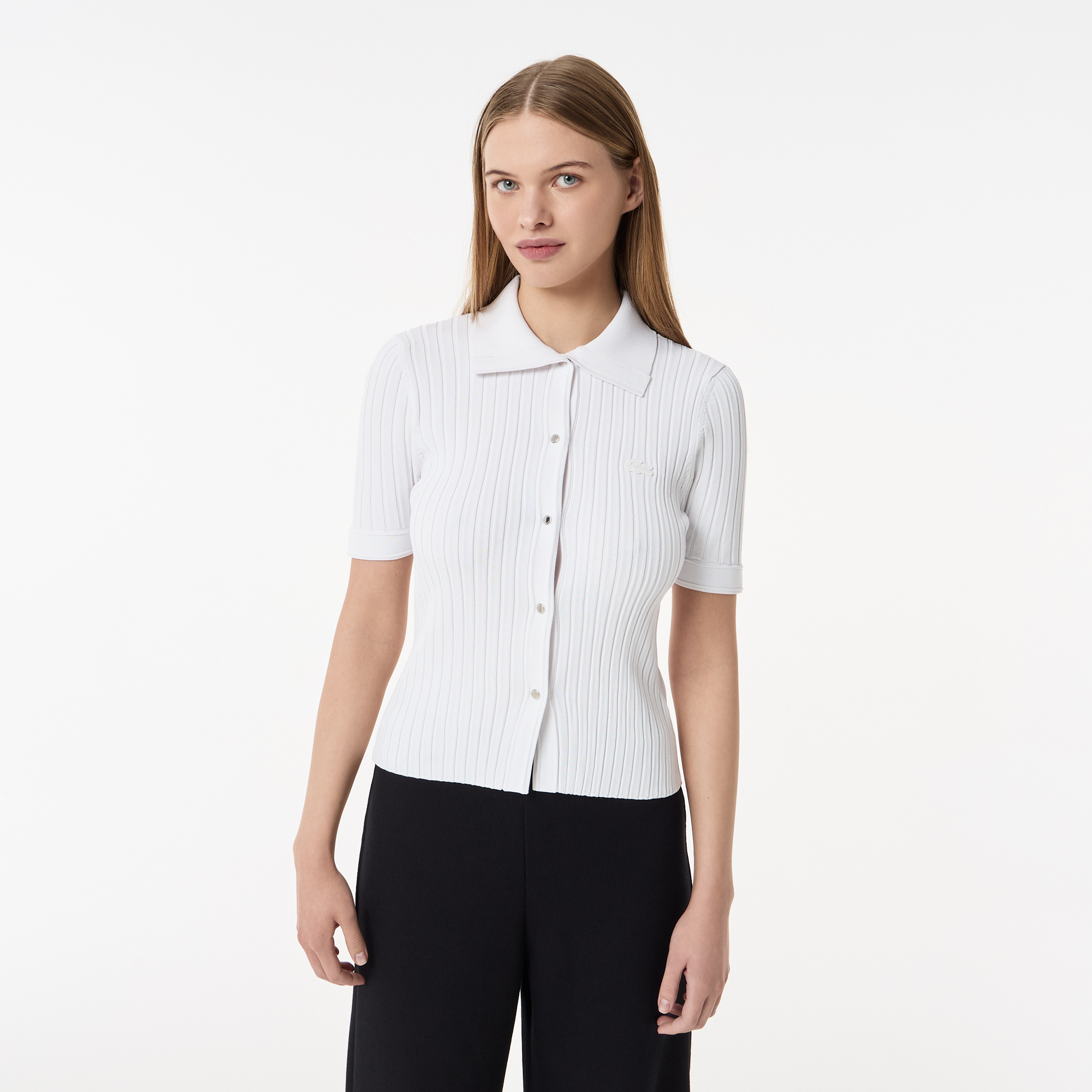 Женский лёгкий свитер Lacoste с коротким рукавом и воротником-поло, белый, арт. AF0505