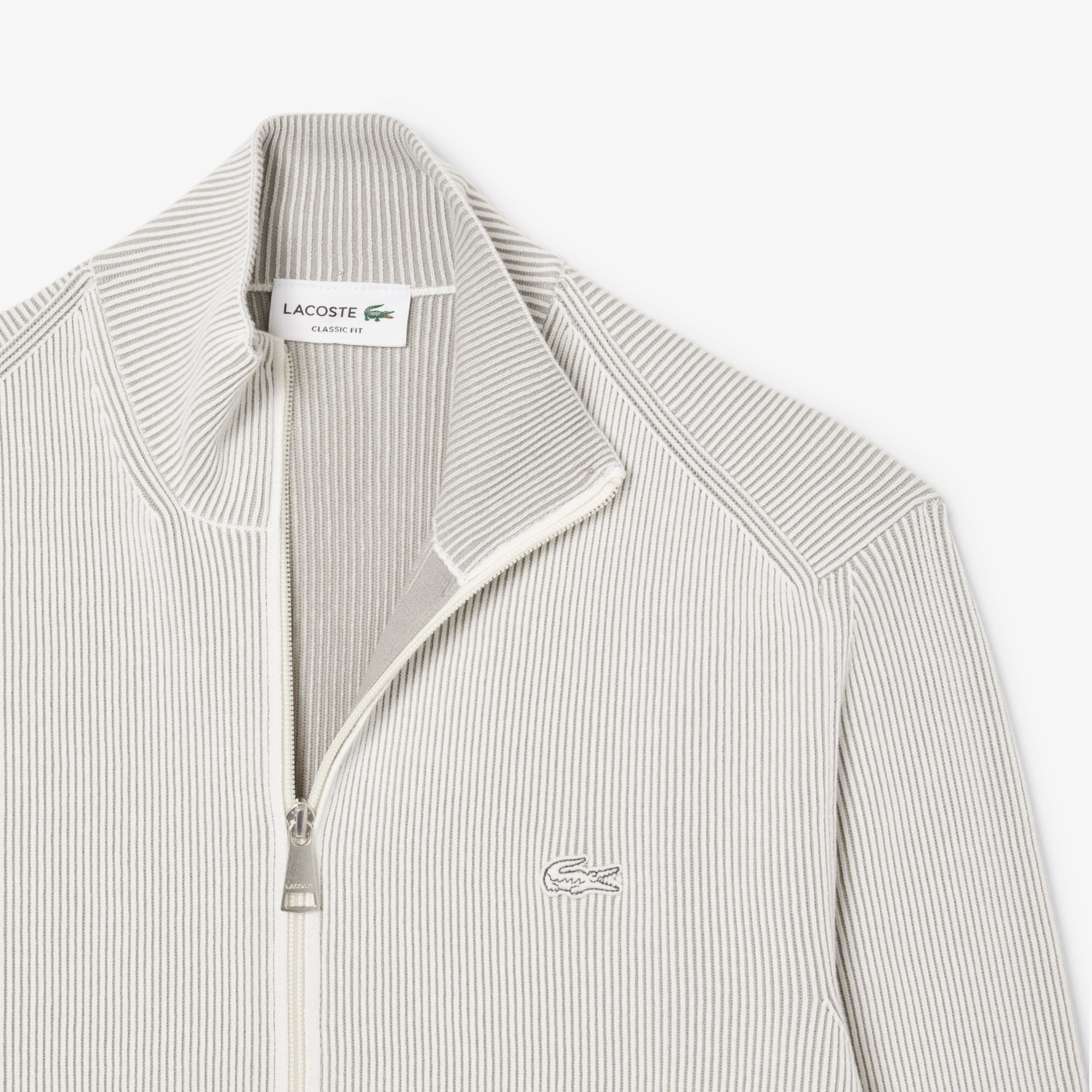 Мужской ребристый свитер на застежке Lacoste с высоким воротником AH9312 белый  Фото 5