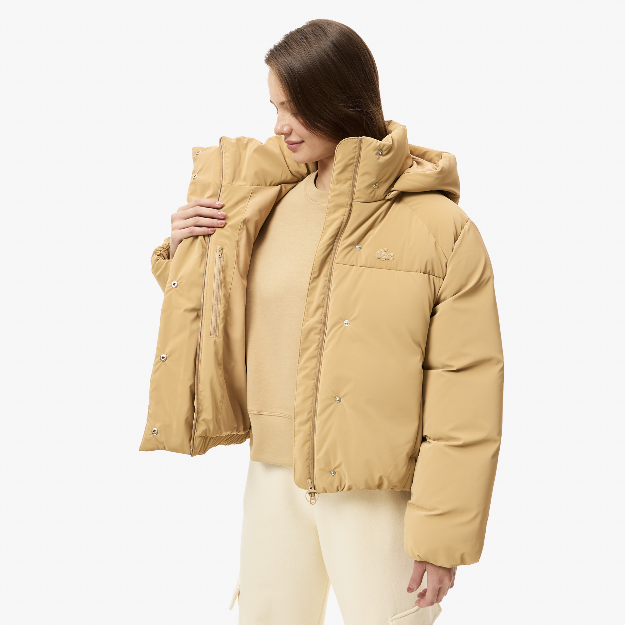 Женская укороченная куртка Lacoste с капюшоном BF2607 бежевый  Фото 4