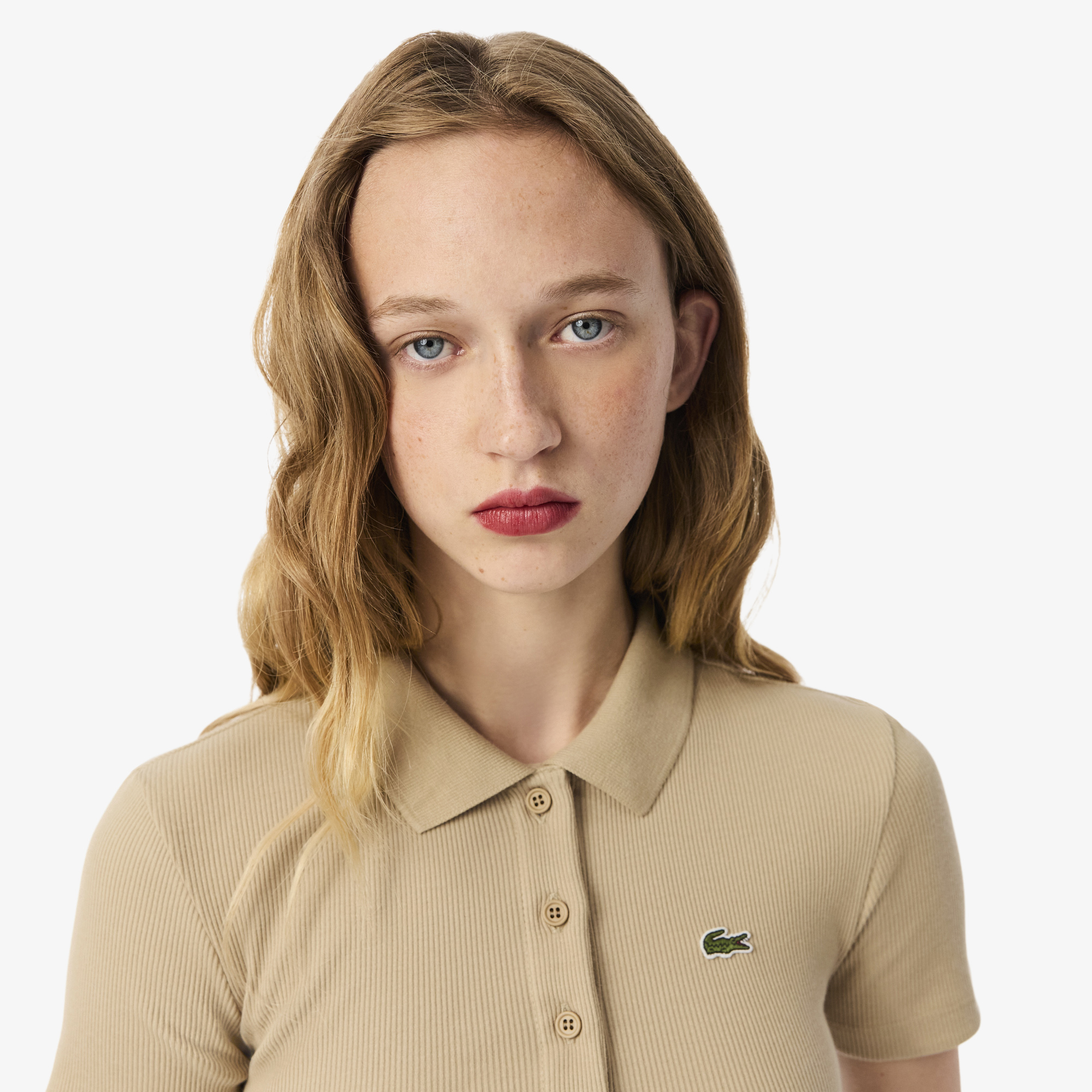 Женское поло Lacoste Slim Fit из органического хлопка DF5377 бежевый  Фото 3