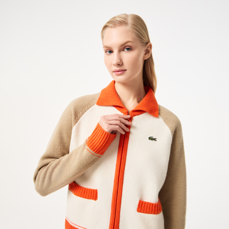 Женский шерстяной свитер Lacoste на молнии с карманами и воротником поло