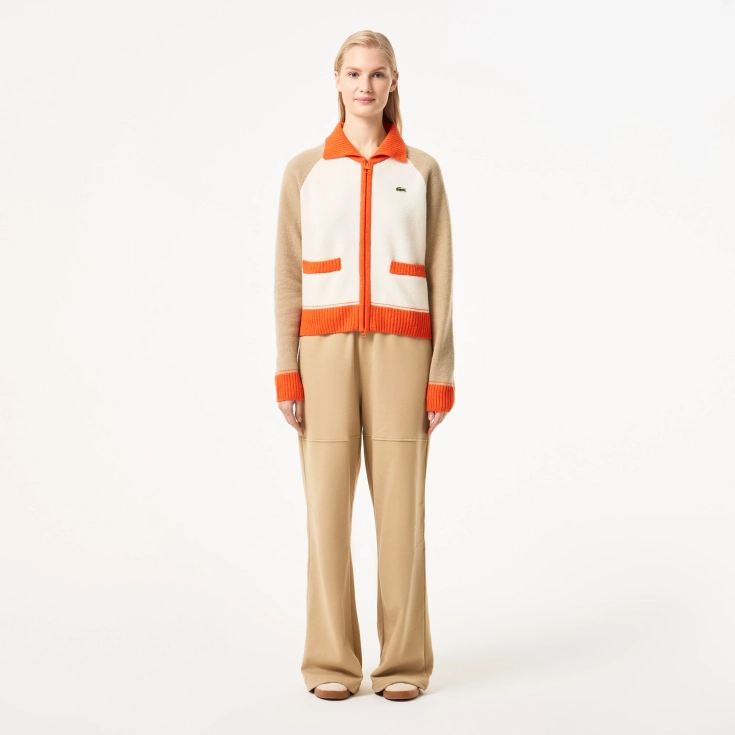 Женский шерстяной свитер Lacoste на молнии с карманами и воротником поло