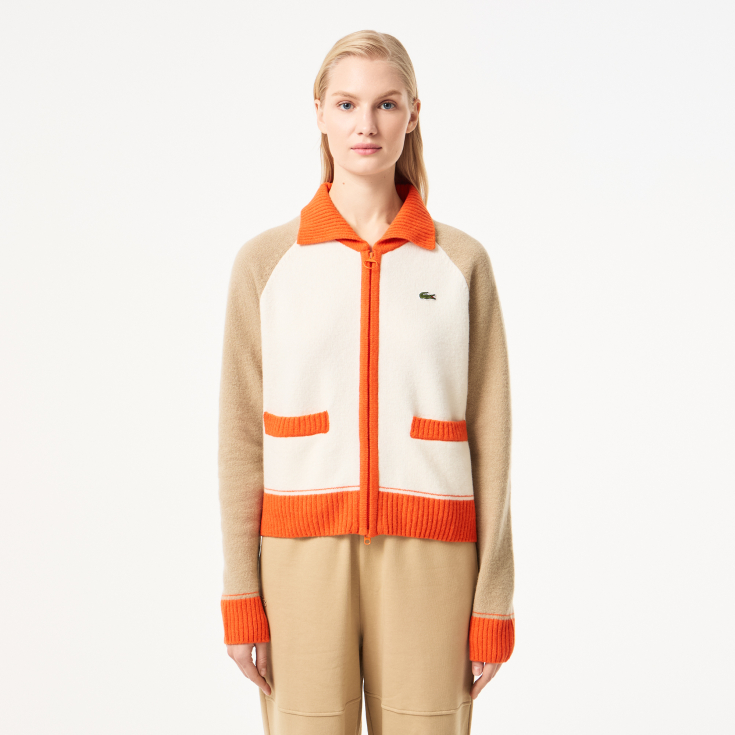 Женский шерстяной свитер Lacoste на молнии с карманами и воротником поло