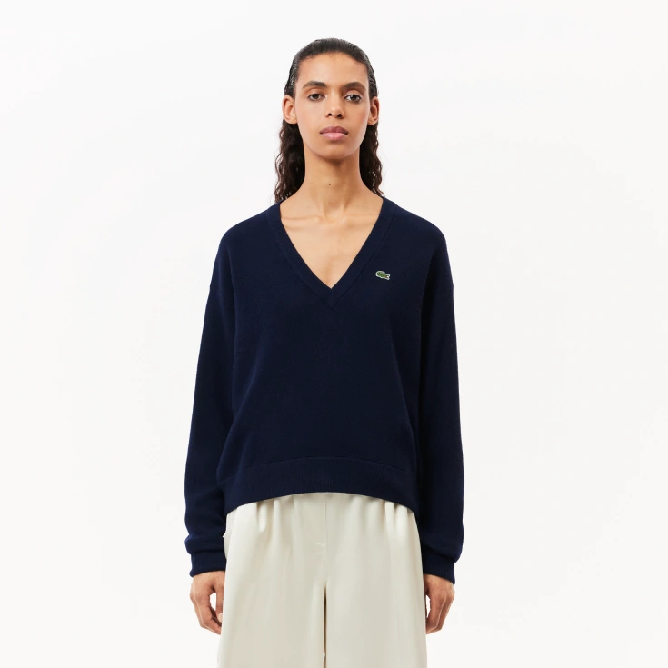 Женский шерстяной свитер Lacoste Relaxed Fit с v-образным вырезом