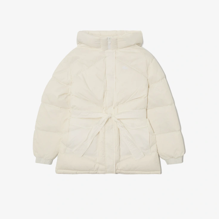 Женский короткий пуховик Lacoste с поясом и высоким воротом