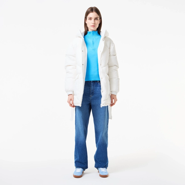 Женский короткий пуховик Lacoste с поясом и высоким воротом