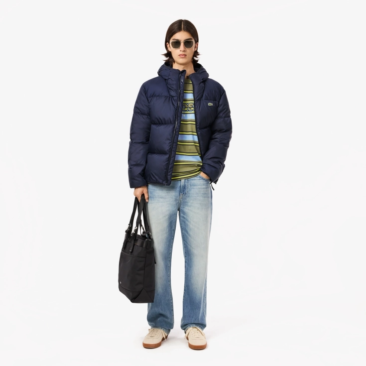 Мужской короткий влагоотталкивающий и ветроустойчивый пуховик Lacoste с капюшоном