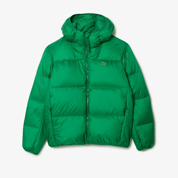 Мужской короткий влагоотталкивающий и ветроустойчивый пуховик Lacoste с капюшоном