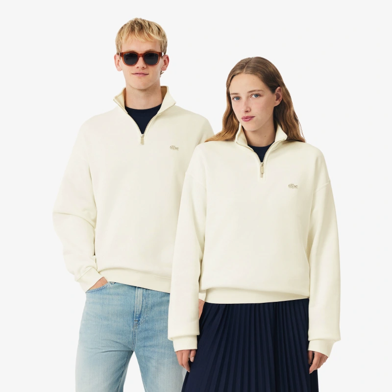

Хлопковый свитшот Lacoste Unisex Loose Fit из плотного флиса с застежкой-молнией на воротнике, Молочный