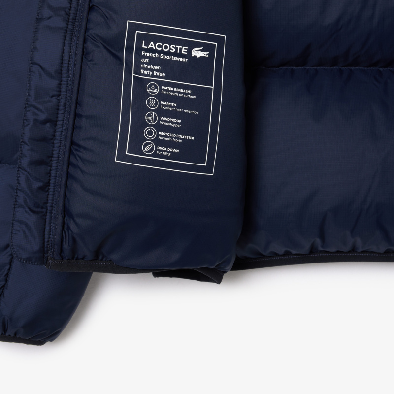 Мужской короткий влагоотталкивающий и ветроустойчивый пуховик Lacoste с капюшоном