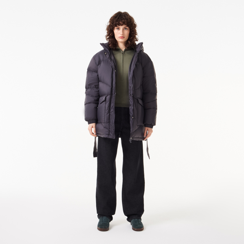 Женский короткий пуховик Lacoste с поясом и высоким воротом