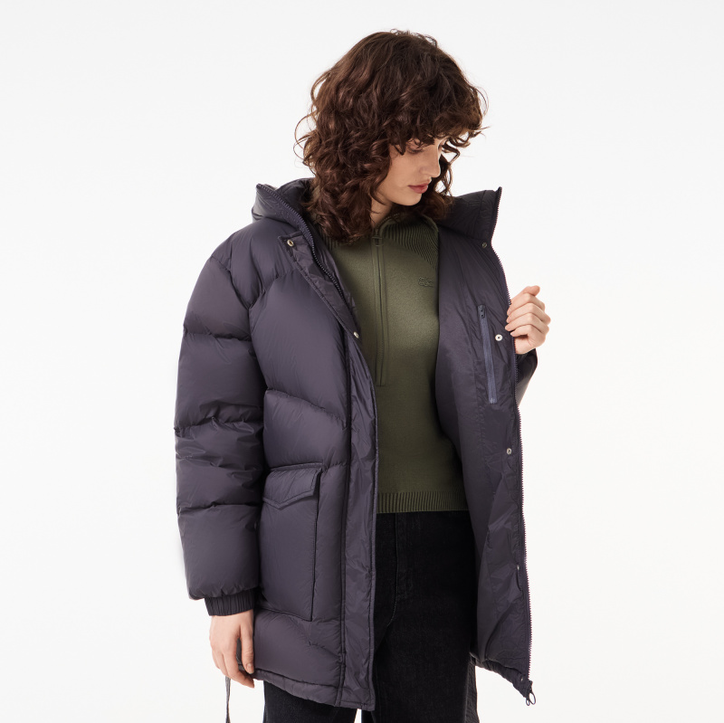 Женский короткий пуховик Lacoste с поясом и высоким воротом