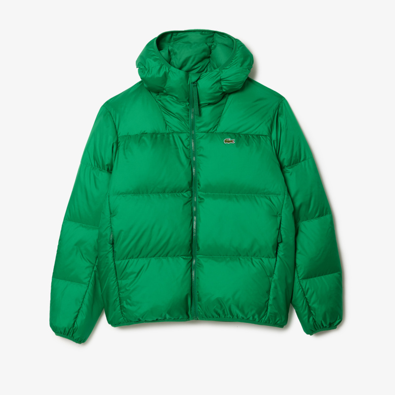 Мужской короткий влагоотталкивающий и ветроустойчивый пуховик Lacoste с капюшоном