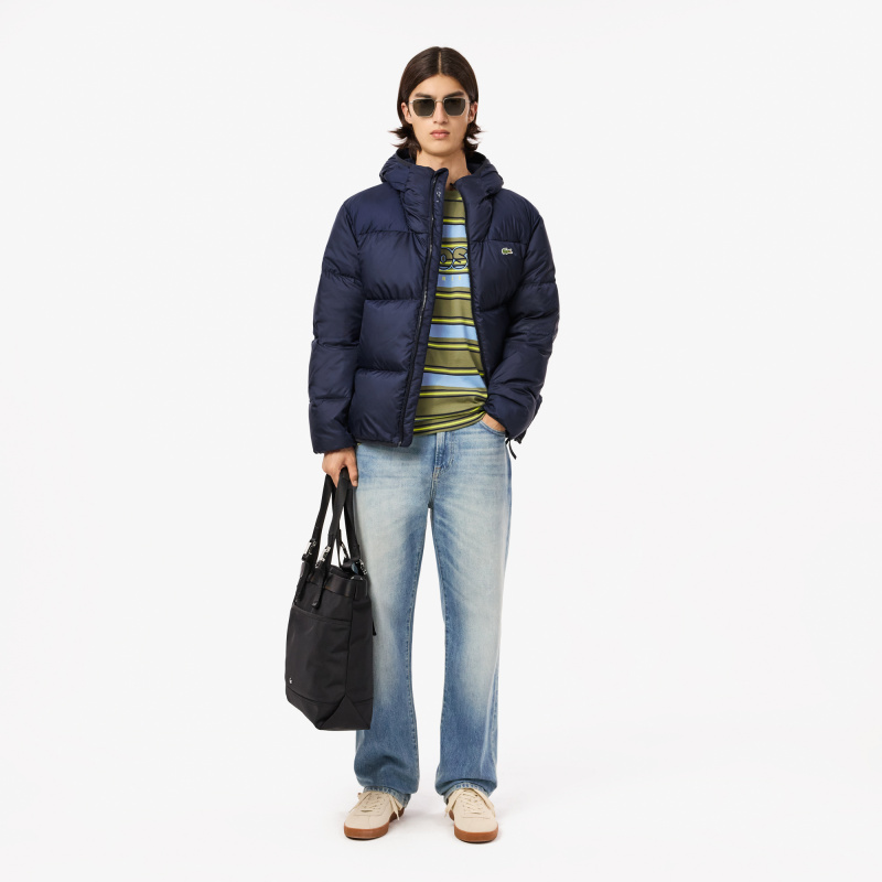 Мужской короткий влагоотталкивающий и ветроустойчивый пуховик Lacoste с капюшоном